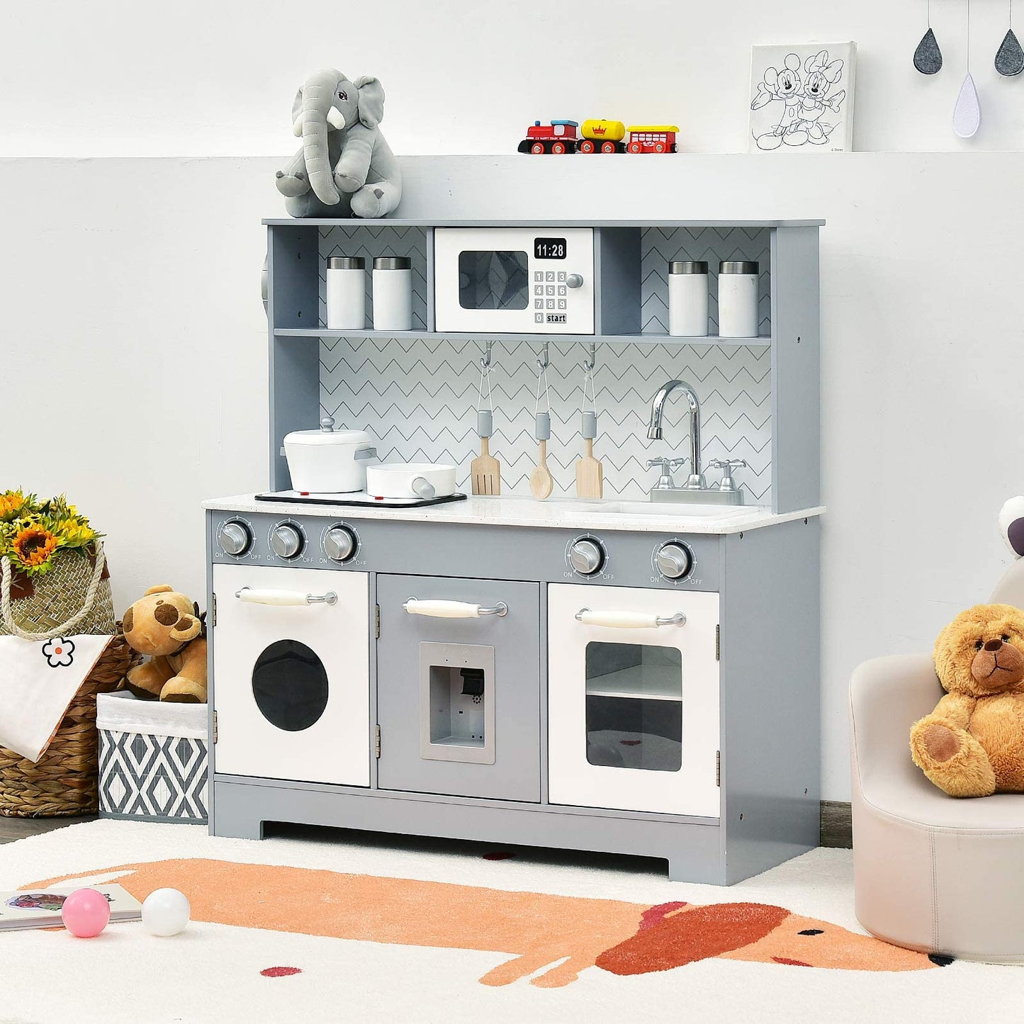 Costzon Kids Kitchen Playset, Wooden Pretend Cooking Playset w/Stove, Fridge, Microwave, Removable Sink, Water Dispenser w/Light