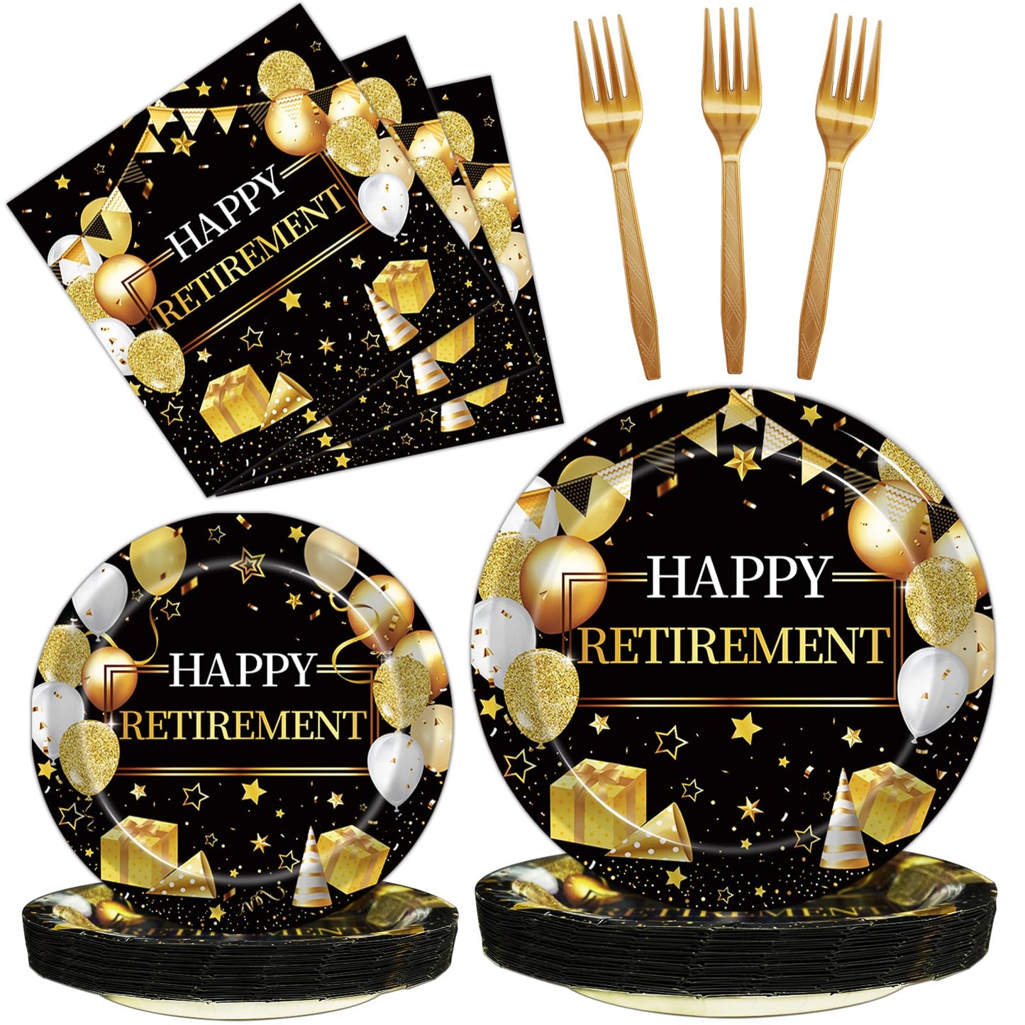 Kepeel 96 Pcs Retirement Party Plates And Napkins Set, Happy Retirement Party Supplies Decorations For Men Women Gold And Black