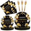 Kepeel 96 Pcs Retirement Party Plates And Napkins Set, Happy Retirement Party Supplies Decorations For Men Women Gold And Black