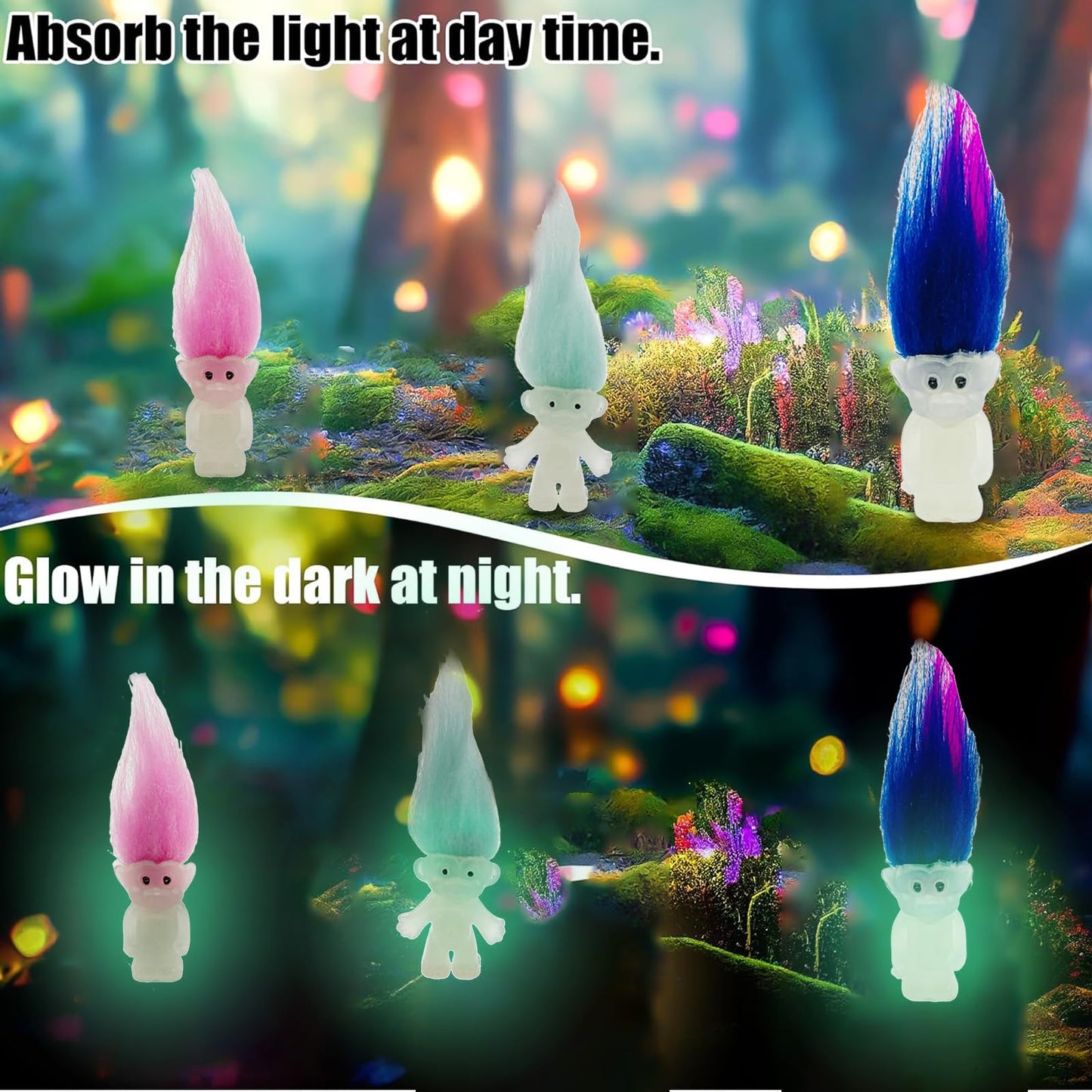 40Pcs Luminous Mini Troll Dolls Glow In The Dark Vintage Action Figures Lucky Troll Dolls 1.2'' Bodies, 2.3'' Hair. Cake Toppers