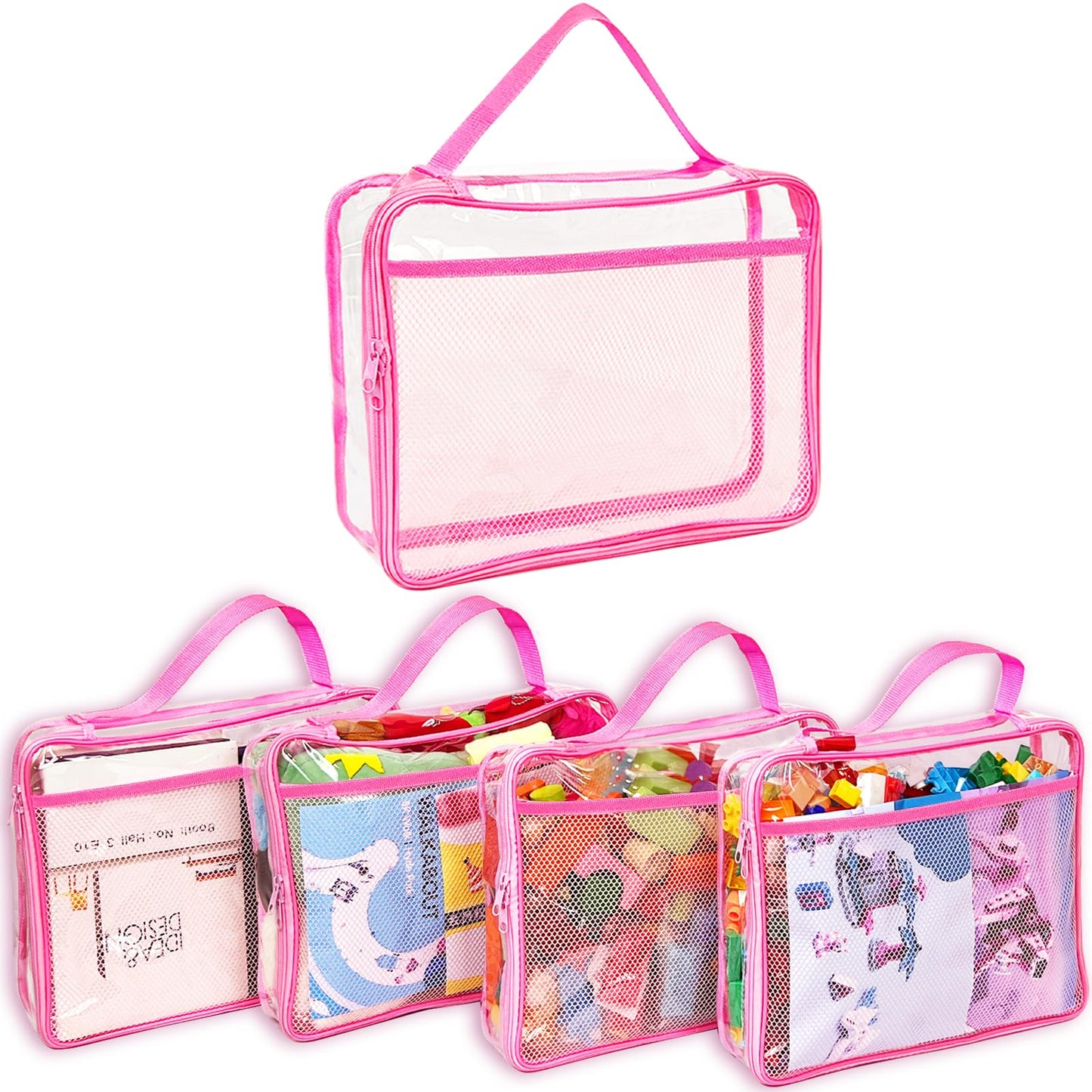 Toy Zippered Blocks Set Storage Bags for boy girls - 4PC Large PVC Storage Organizer Bags with Mesh Side Pockets for Puzzle, Cla