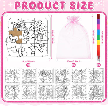Fullhawl 12 Sets Unicorn Puzzles Rainbow Color Your Own Puzzles DIY Jigsaw Crafts with 12 Stackable Crayons and 12 Bags for Pastel Macarons Theme Gifts Birthday Party Supplies(12 Unicorn)
