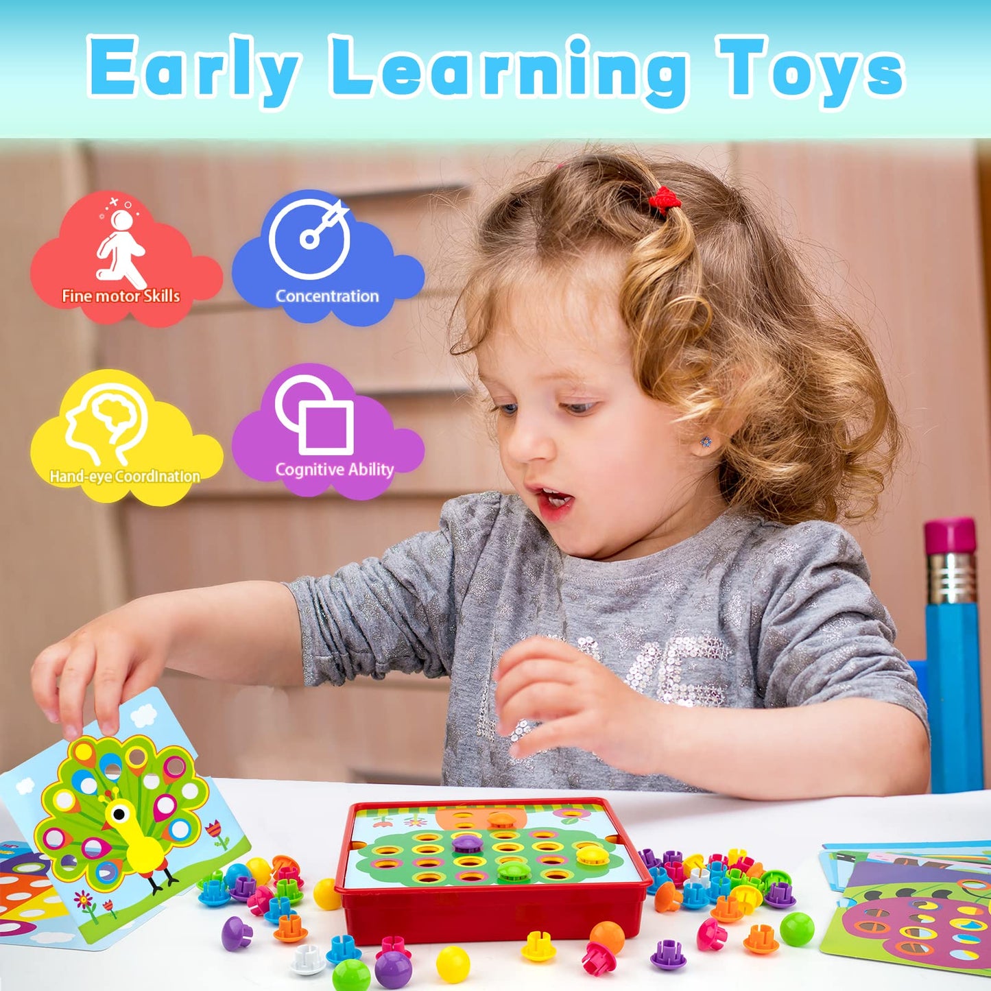 Aluabi Button Art Toys For Toddlers, Crafts For Age 2-4, Early Educational Toys, Color Matching Puzzle, Fine Motor Skills Game,