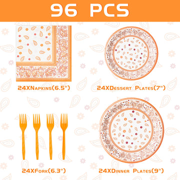K1Tpde Cholo Bandana Party Tableware - 96Pcs Cholo Gangsta Theme Orange Paper Plates Set Disposable Dinnerware Paper Napkins Forks For Western Cowboy Birthday Party Supplies Decorations