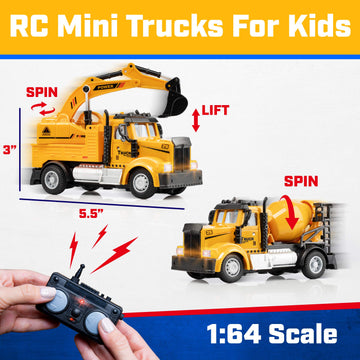 Force1 Mini Construction RC Trucks for Kids - 2 Pack Remote Control Toy Trucks Set with Mini Scoop RC Truck, Mini Cement Mixer T