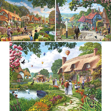 Bits and Pieces - Value Set of Three Large 300 Piece Jigsaw Puzzles for Adults - Village Life Jigsaw Puzzles by Artist Steve Cri