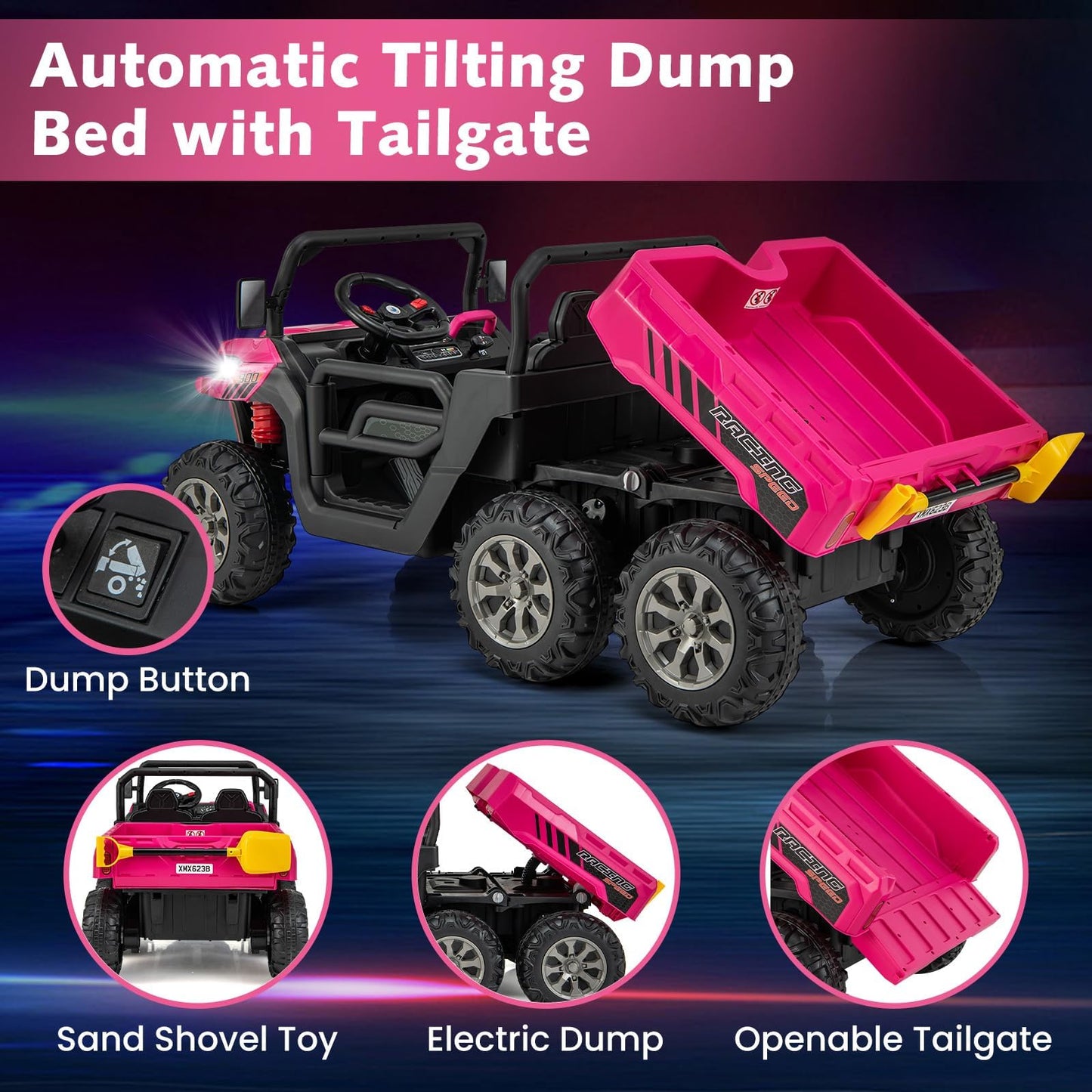 Olakids 24V 2 Seater Ride On Dump Truck, 4Wd 6X6 Battery Powered Kids Utv With Remote Control, 4 X 90W Engine, Electric Dump Bed, Spring Suspension, Ride On Toys For Big Kids (Rose)