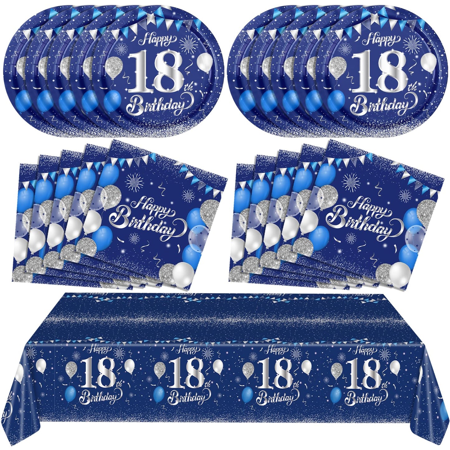Blue 18Th Birthday Decorations For Boys Girls Navy Blue Silver Happy 18Th Birthday Napkins Tablecloth Plates For 18Th Birthday A