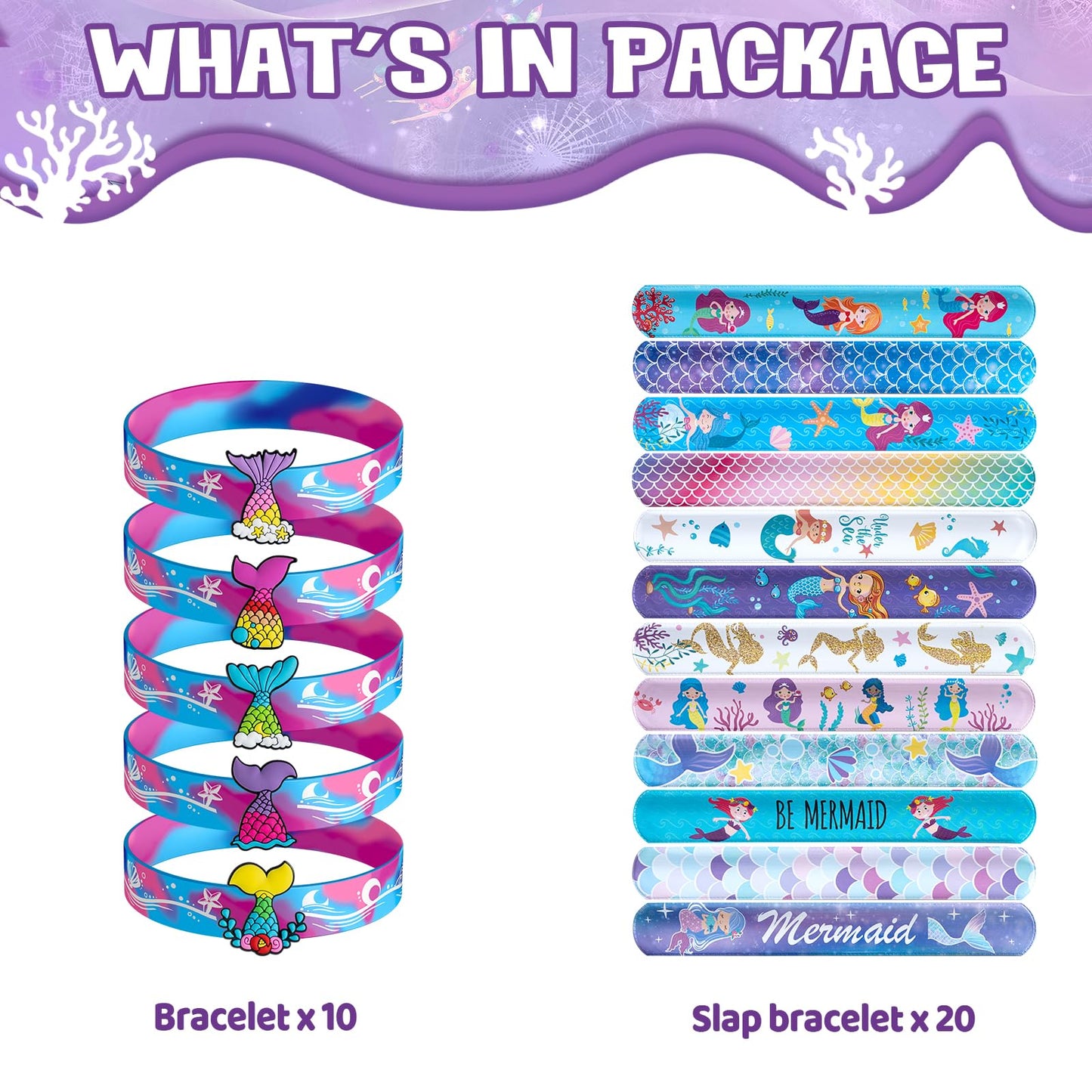 Dmight Mermaid Party Favors 30 Pcs Silicone Wristband Slap Bracelets Goody Bag Favors For Boys Girls Mermaid Birthday Party Unde