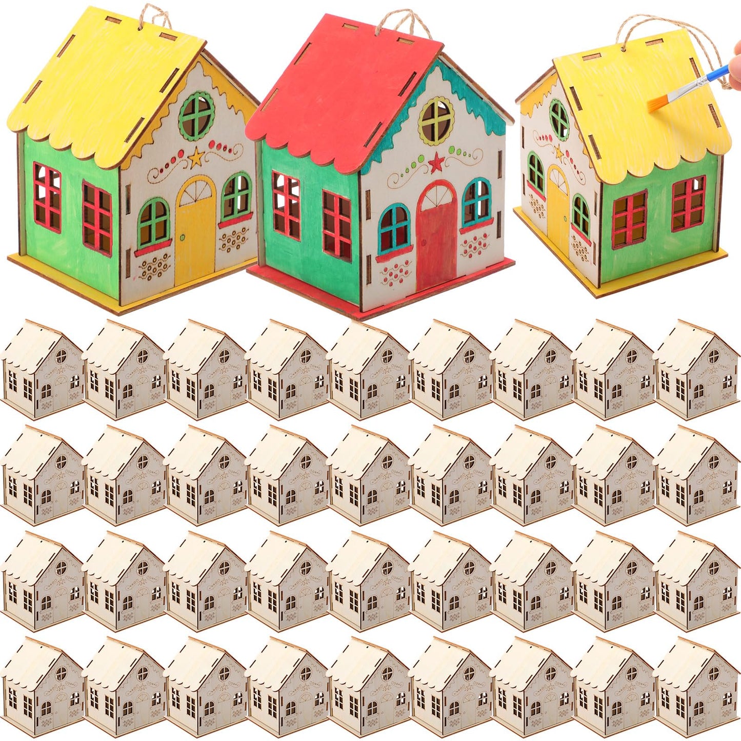 DoubleFill 48 Pack Wooden Gingerbread House DIY Craft Kit for Kids with Hanging Twine Hollow Windows Laser Engraving Pattern Art