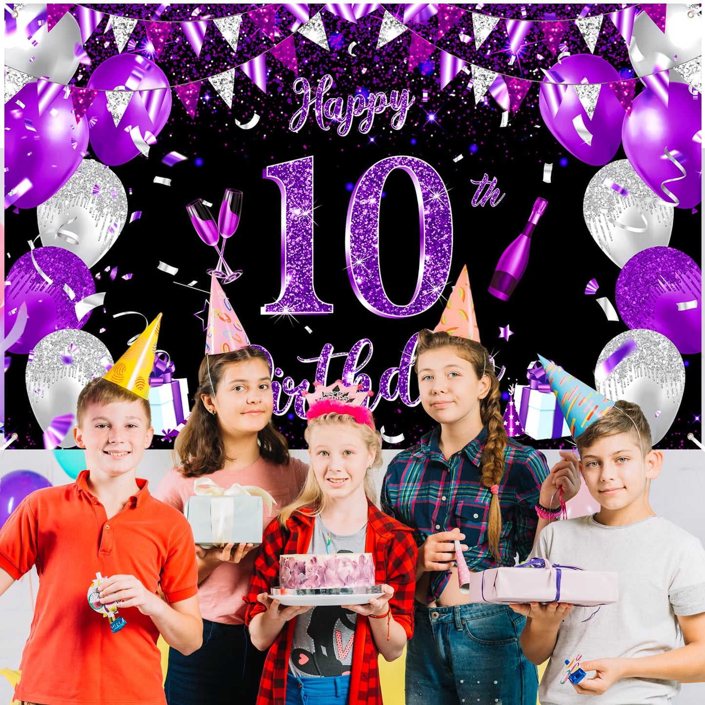 Purple 10Th Birthday Decoration Banner For Girls Large Black Purple Silver Happy 10Th Birthday Banner Purple And Black 10Th Background For 10Th Birthday Anniversary Party Supplies