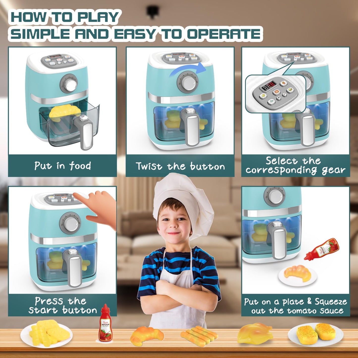 Toy Air Fryer for Kids Kitchen Playset, Chef Pretend Play kitchen Accessories with Color Changing Play Food, Cooking Game with F