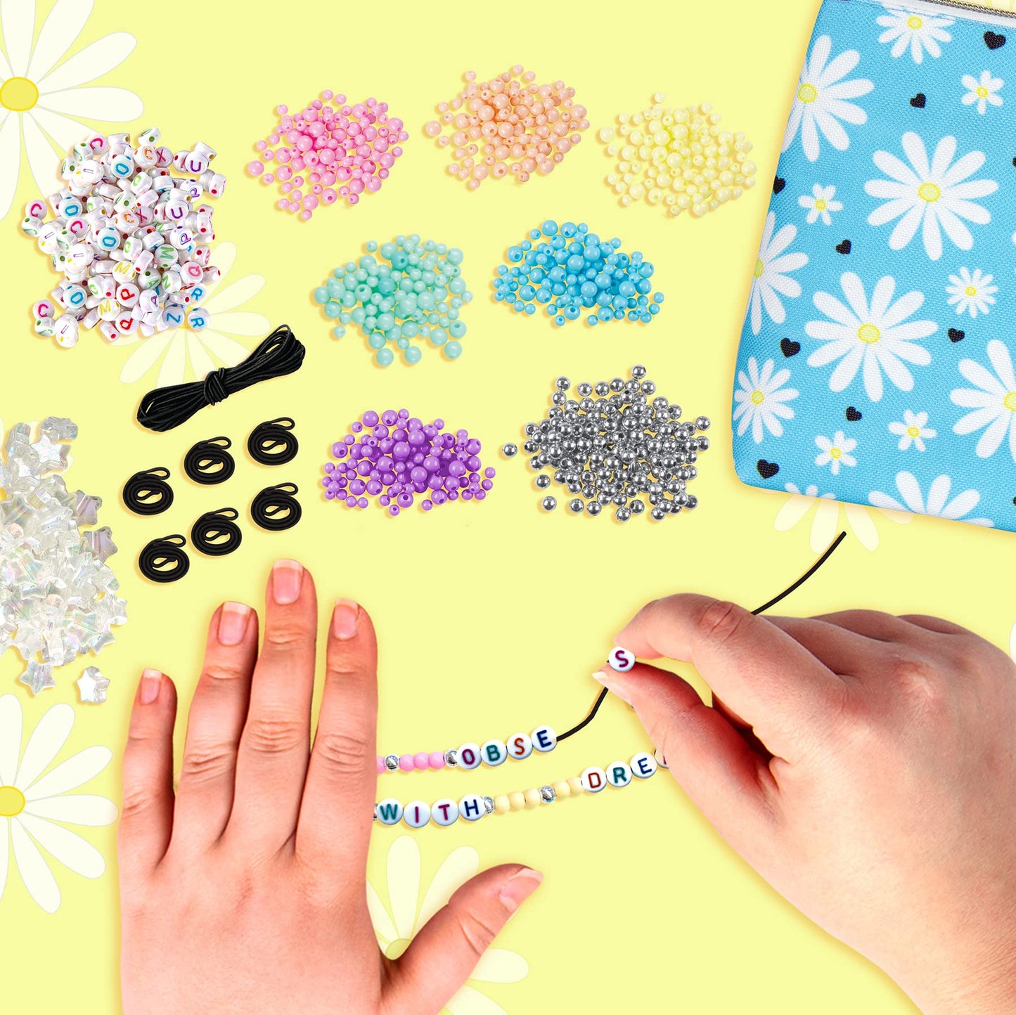 Fashion Angels Layered Headband Design Kit For Tweens And Kids To Make 4 Customized Beaded Headbands With Pastel Beads And Alphabet Beads That Includes Reusable Blue Daisy Cosmetic Bag, Ages 8 And Up