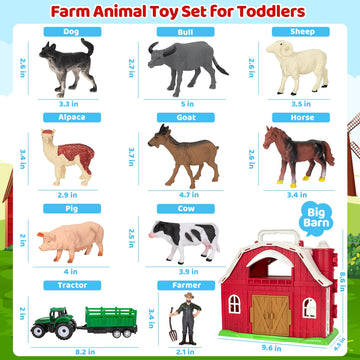 Toidgy Farm Animals Playset - Educational Red Barn Toy Set with Figures & Tractor for Toddlers 1-5 Years, Perfect Gift for Kids