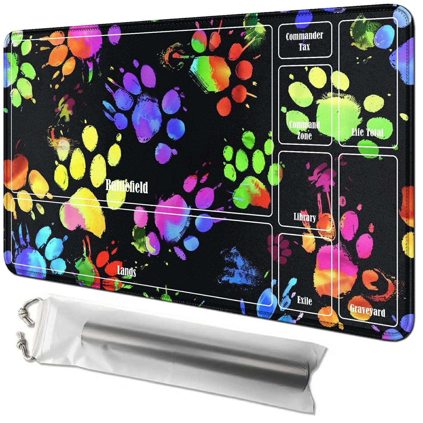 RWUTYTIUL Dog Paw Print Card Playmat 24 X 14 Inch with Tube Bag, Card Gameplay Mat with Zones Commander Deck Board MTG RPG CCG T