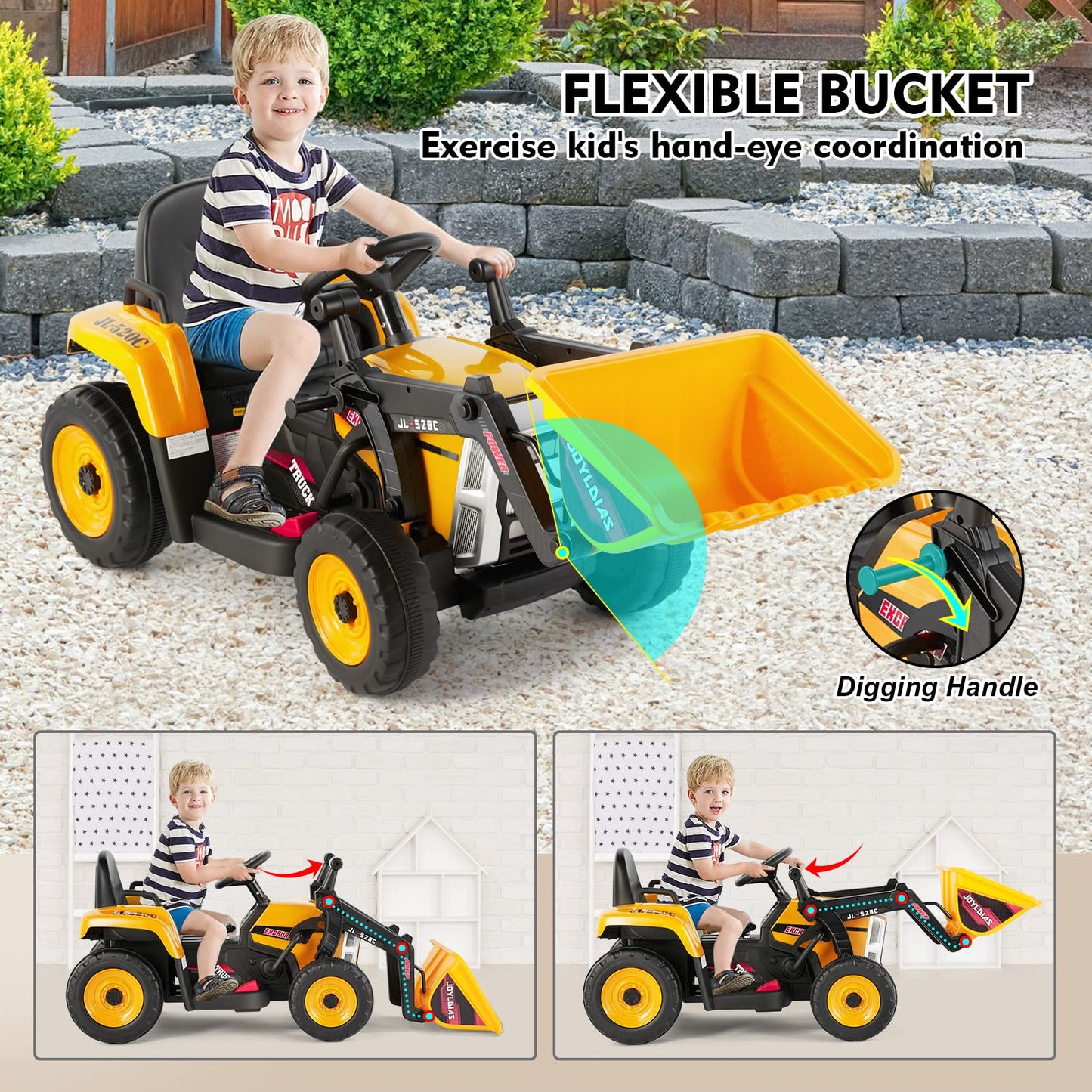 Joyldias 12V Ride On Excavator With 2.4Ghz Remote Control, Electric Construction Vehicle Bulldozer For Kids Digger With 3 Speeds, Bluetooth, Microphone Jack, Music, Lights, Yellow