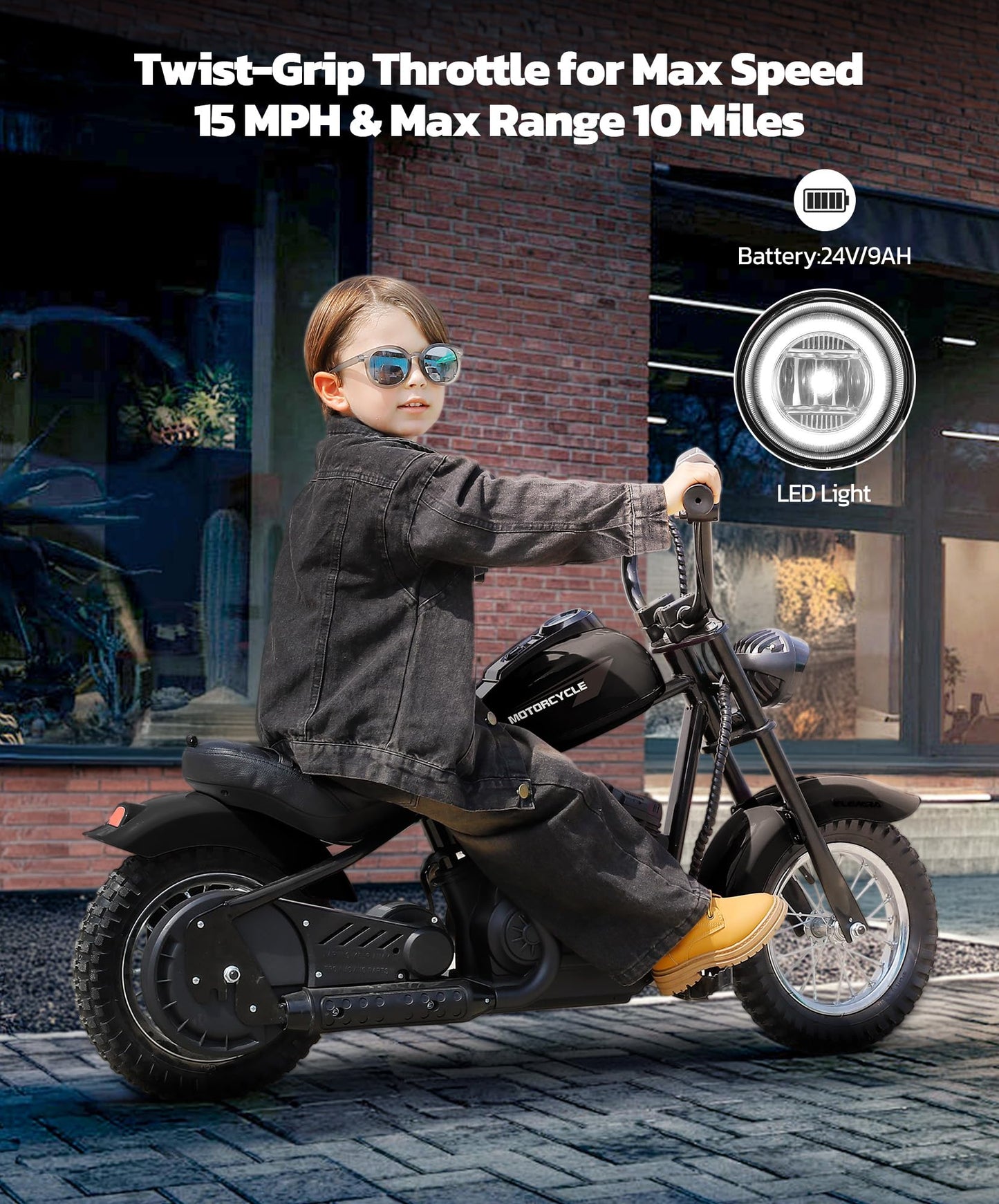 Elemara Electric Dirt Bike, 15 Mph & 150Lb Max, 24V Ride On Toy For Big Kids W/Led Lights & Power Display, Chain-Driven Motor, T