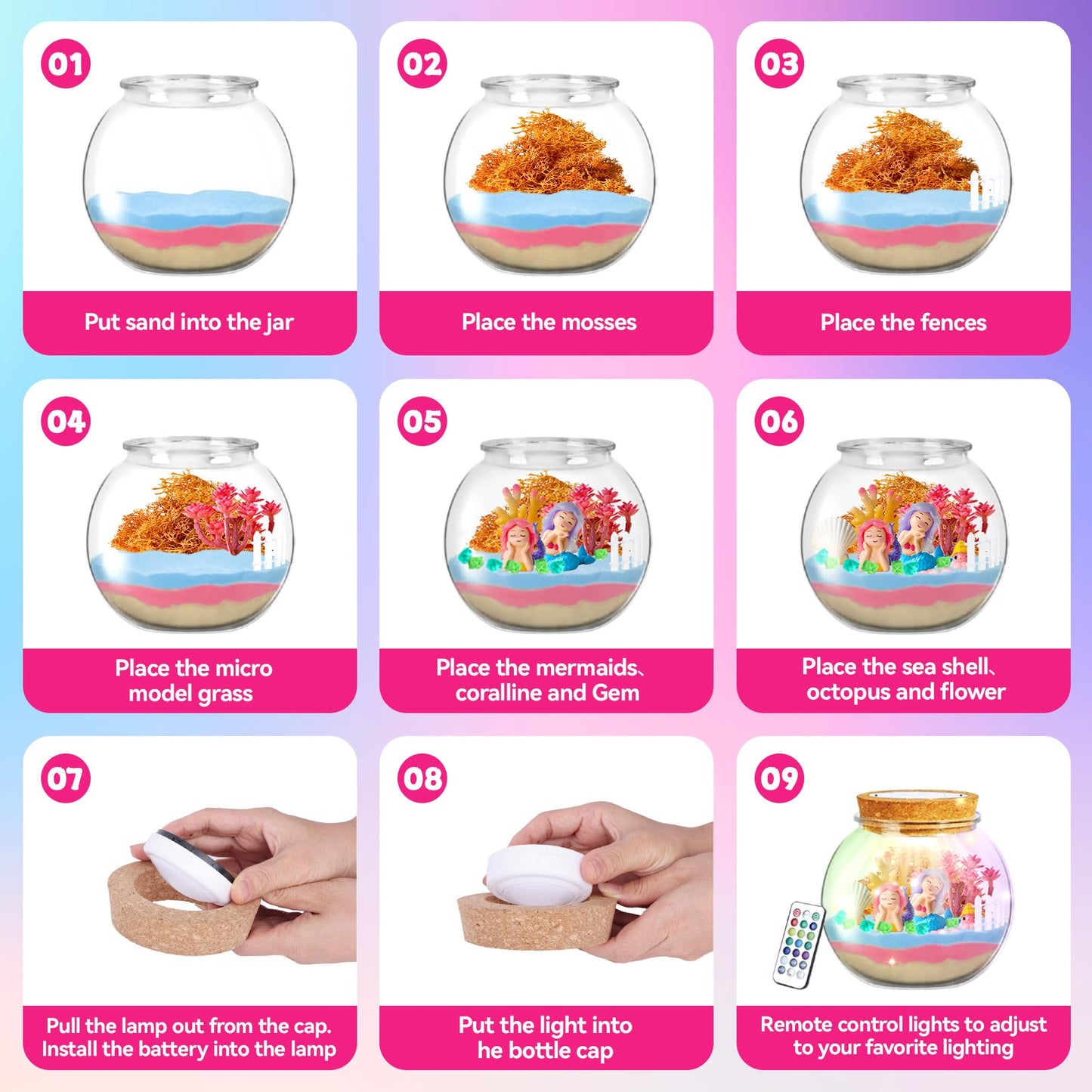 Vigorfun Mermaid Terrarium Kit For Kids - Creative Led Night Light Gifts For Girls Birthday Age 3+, Diy Arts & Crafts Light Up K