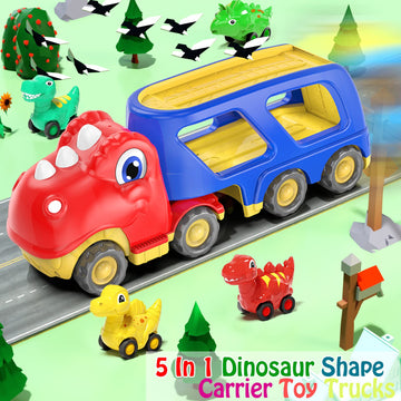 Veslier Toddler Car Toy - Dinosaur Transport Carrier Truck with 4 Pull Back Dino Cars, Assorted Colors, Perfect Gift for 18M+ Kids