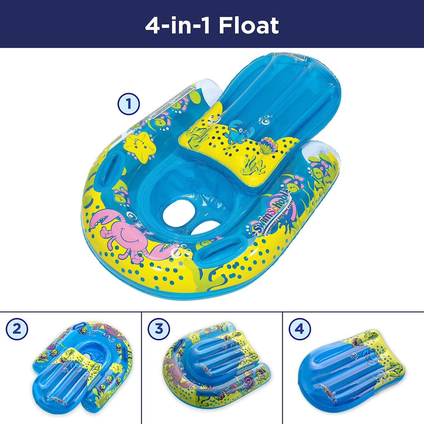 Swimschool 4-In-1 Progressive Swim Training Float - 18 Months And Up - Baby Pool Float, Cruiser, Or Kick Float With Kickboard An