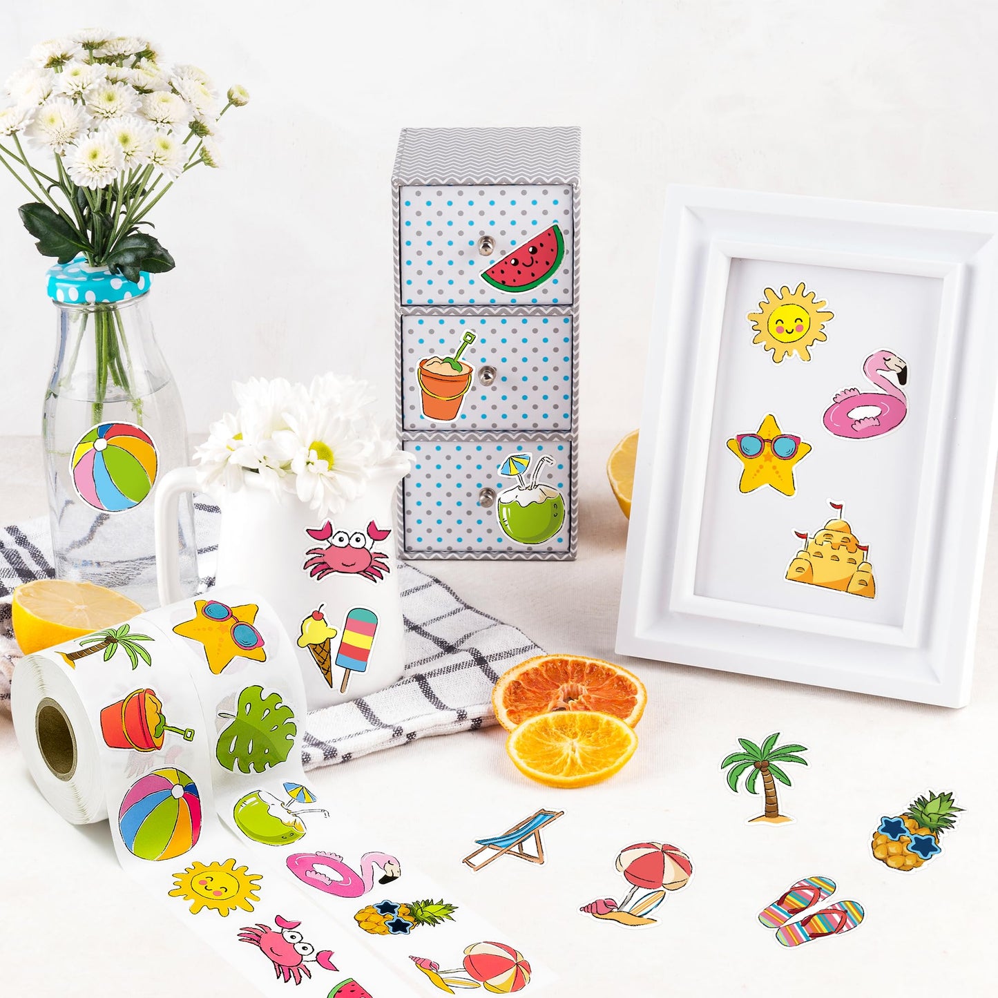 Beyumi Summer Beach Roll Stickers - 1000Pcs Summer Beach Stickers In 2 Rolls Waterproof Vinyl Cute Drawing Style Decals For Phone Laptop Water Bottle Notebook Luggage Computer Envelope Decor For Kids