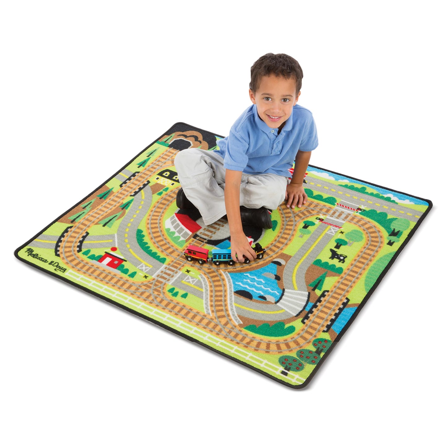 Melissa & Doug Round The Rails Train Activity Play Rug, 3 Wooden Train Cars (39' X 36')
