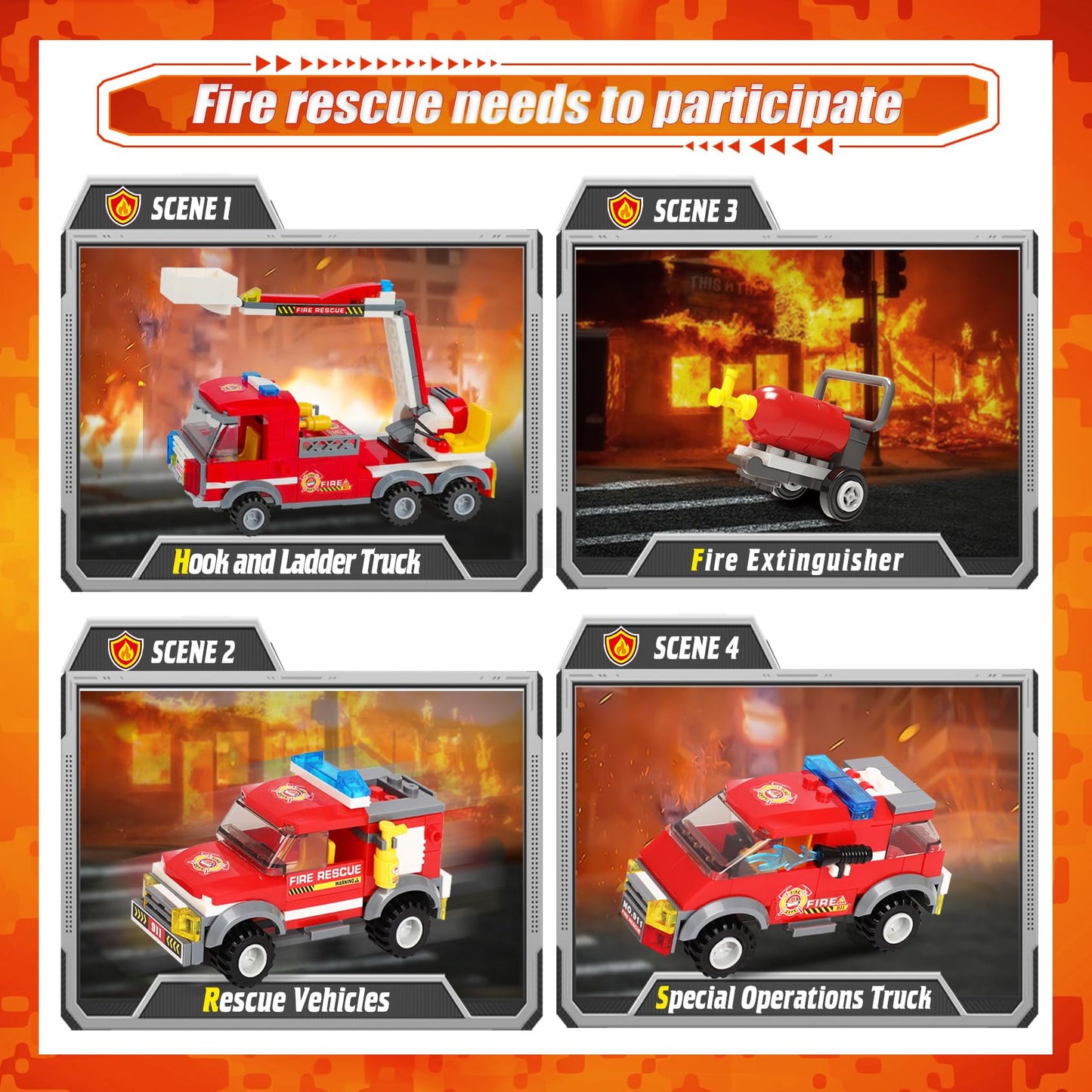 Wishalife City Fire Station Toy Building Set, With 3 Fire Truck Toys, Extinguishers, Pretend Play Toys Gift Idea For Kids Boys G