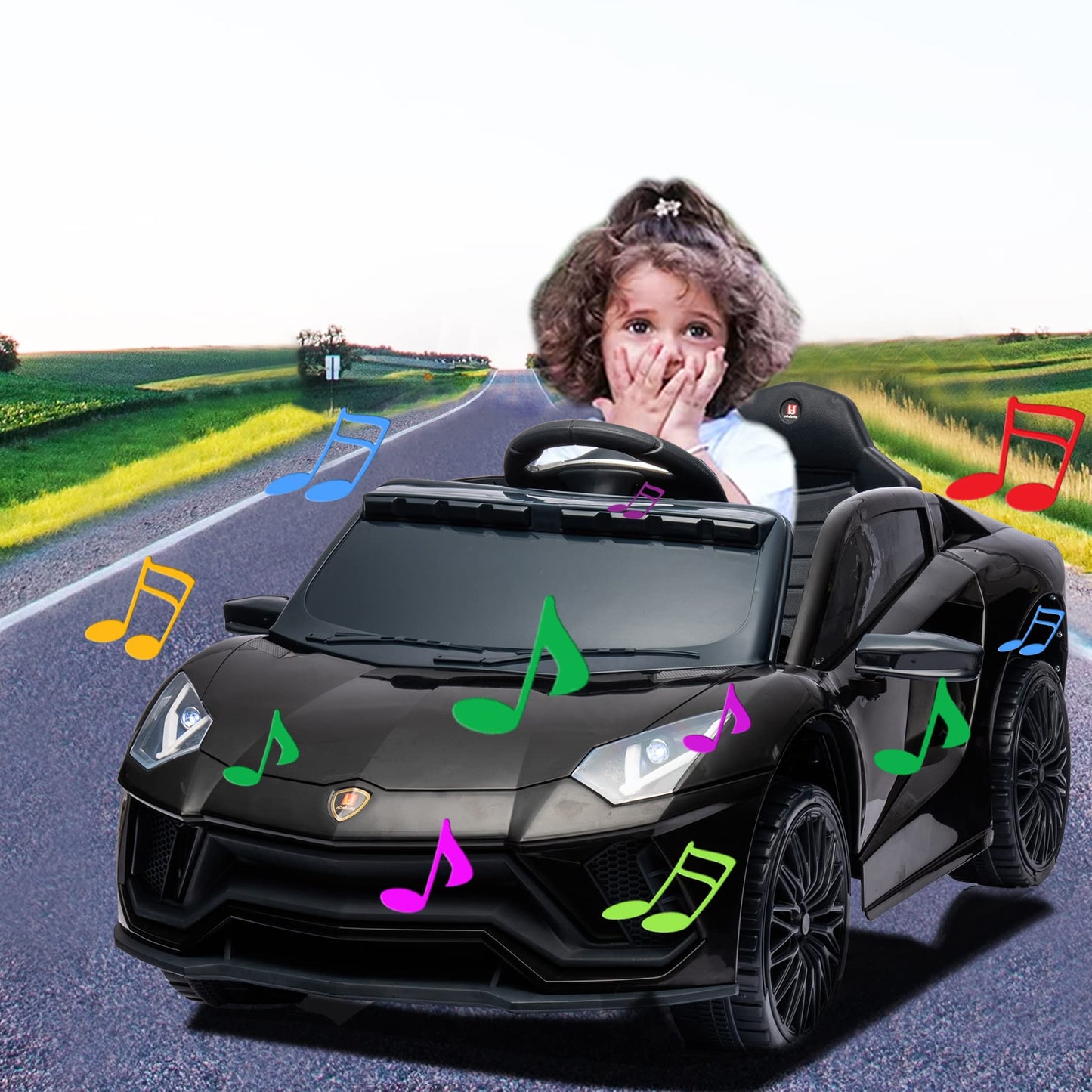u URideon 12V Ride on Car, Battery Powered Electric Cars for Kids,Remote Control, Music,Black