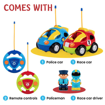 PREXTEX 2 Pack Cartoon Remote Control Cars - Police Car and Race Car for Toddlers - RC Cars for Kids with Different Frequencies