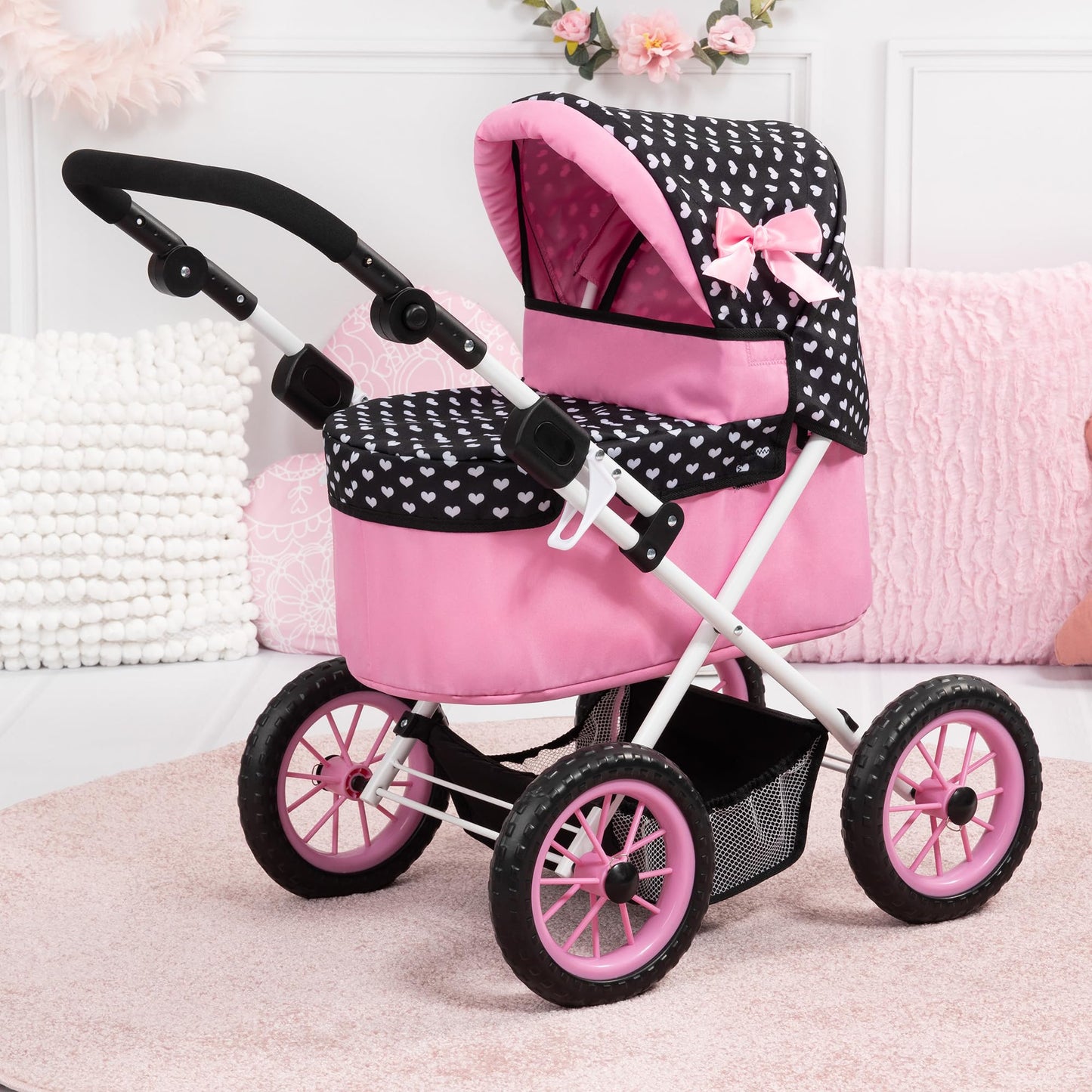Bayer Design Dolls: Trendy Pram - Hearts Black & Pink - Includes Matching Shoulder Bag, For Dolls Up To 18'', Foldable, Kids Pre
