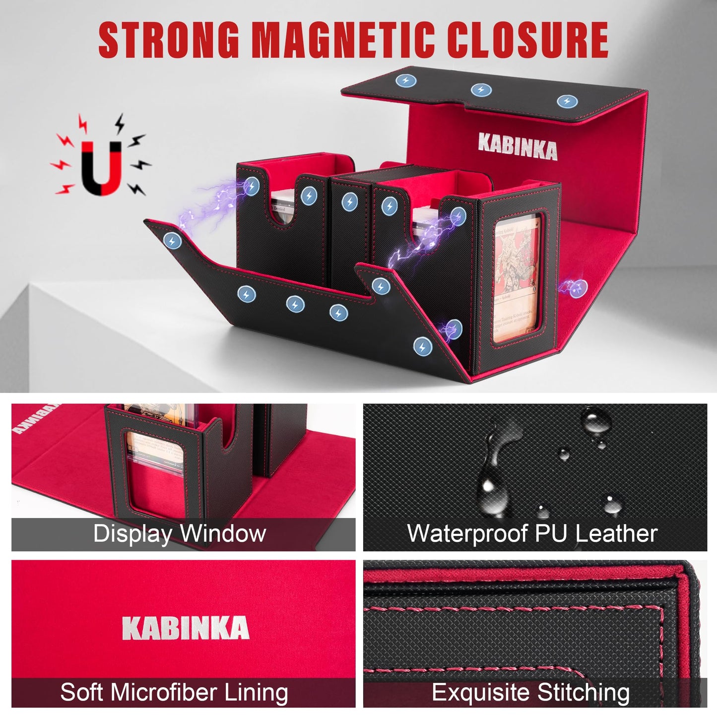 Kabinka Deck Box for MTG with Commander Display 3 in 1 Trading Card Storage Box Fit 200 Double-sleeved Cards Removable Deck Case for TCG/Sports Cards with 2 Magnetic Card Holders (Black Red)