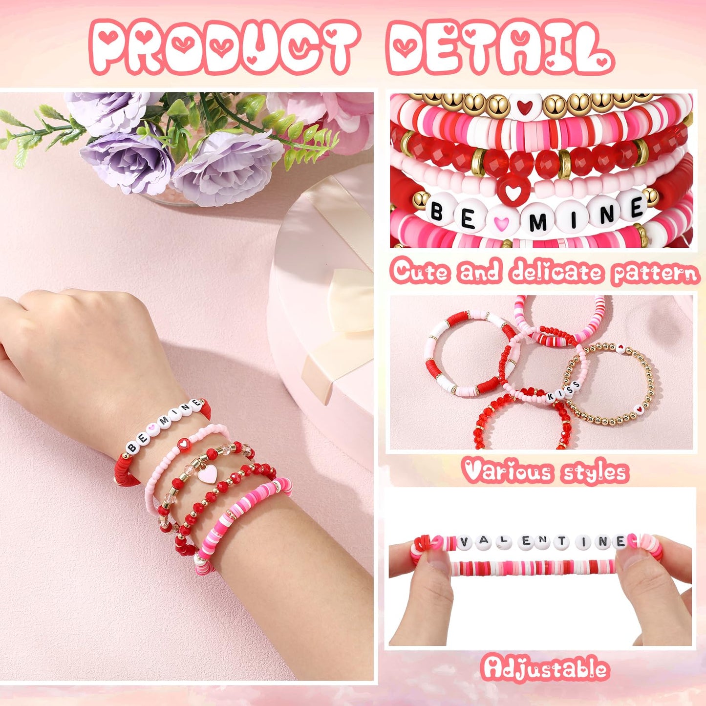 Sasylvia 32 Pcs Valentine's Day Bracelets Pink Heishi Polymer Clay Beaded Bracelets Preppy Beach Stretch Bracelet Elastic String