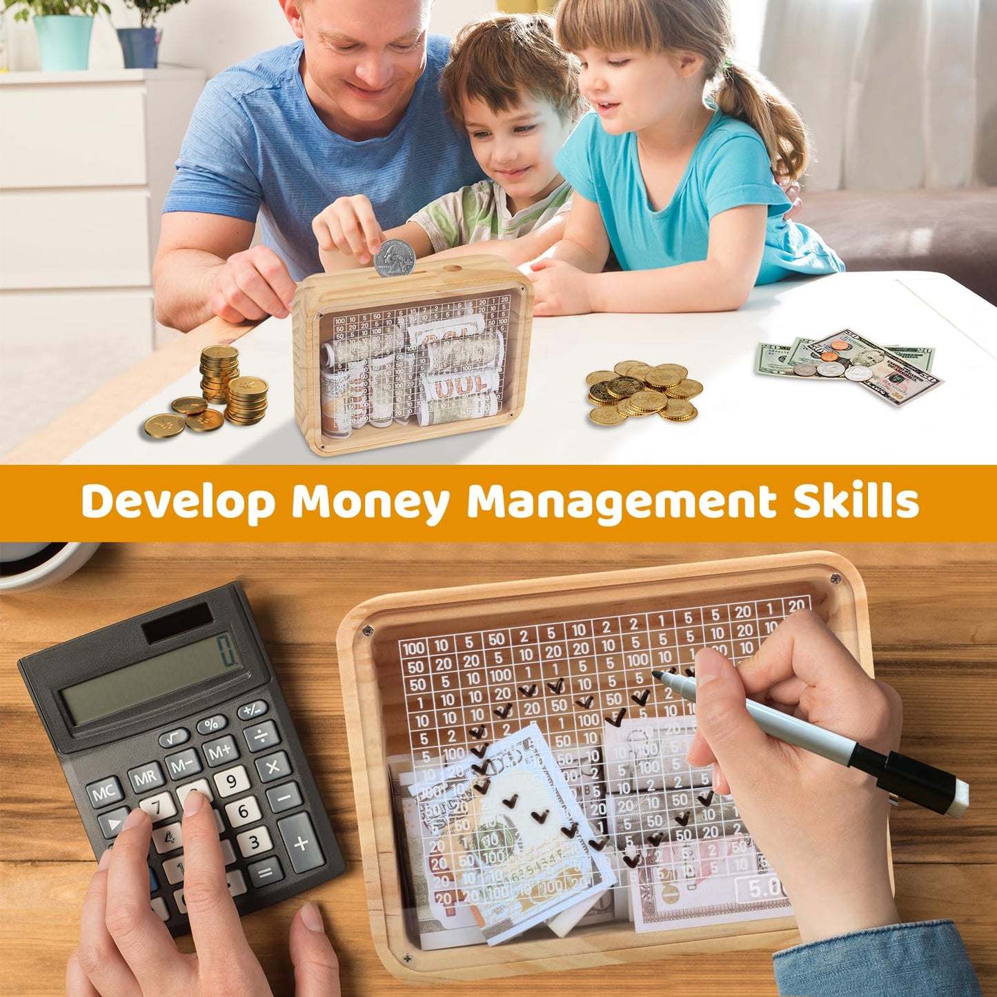 Money Saving Box Piggy Bank For Kids Adults,5000$ Target Savings Challenge Box 2024 Popular Cash Vault,One-Piece Wooden Savings Box Wipeable Count,Reusable Coin Bank For Boy Girl Build Saving Goals 5K