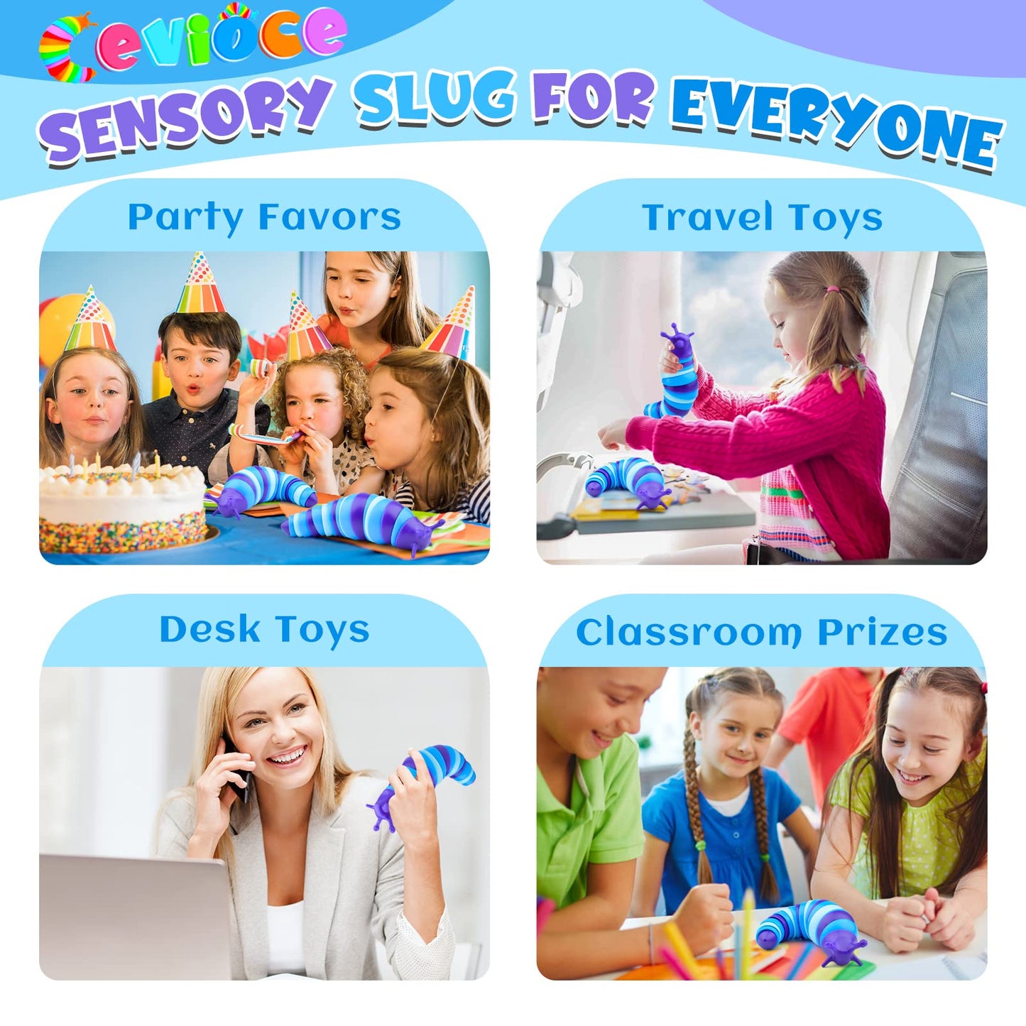 Cevioce Fidget Slug Toy for Autism - Blue Plastic Sensory Toy for Kids & Adults, Ideal Party Favor, Travel Toy for Ages 1+
