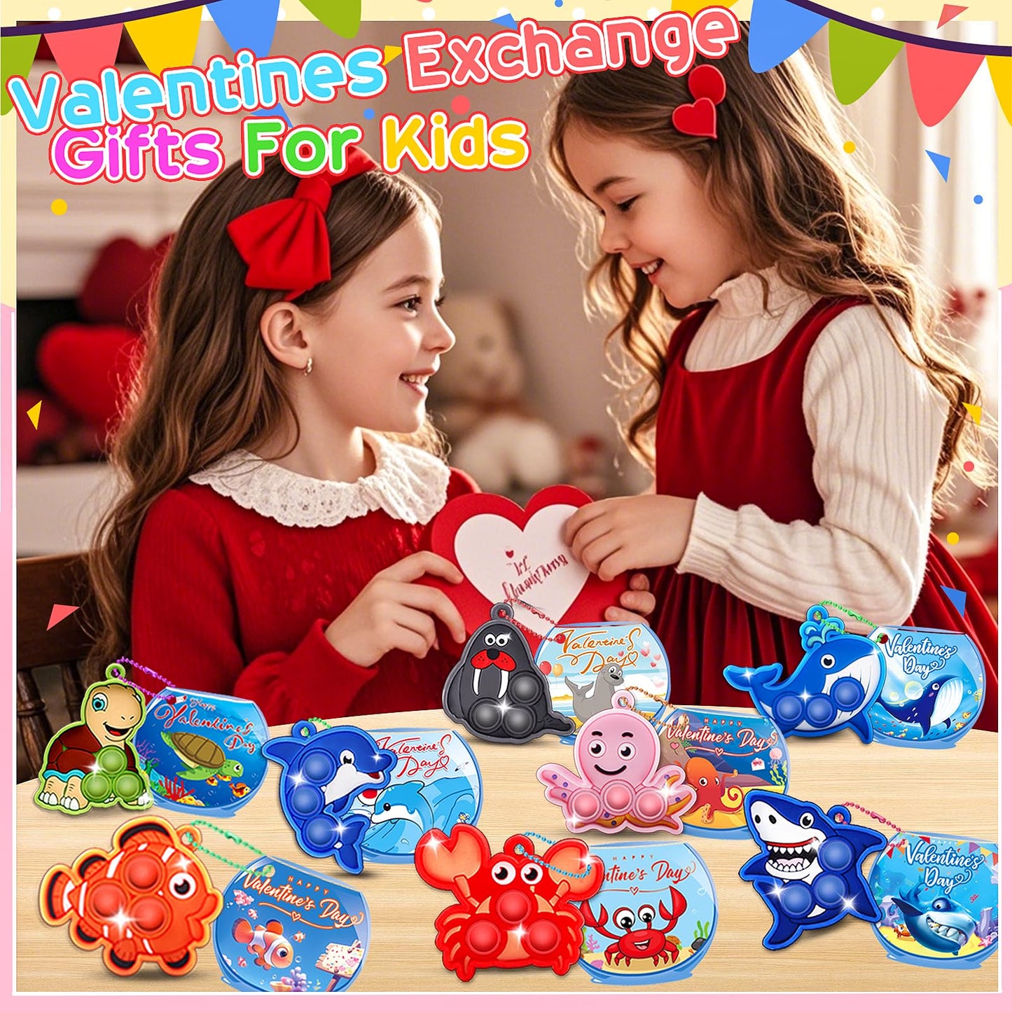 32 Pcs Valentines Day Gifts For Kids,Valentines Cards For Kids Classroom With Sea Animal Pop Fidget Toys,Valentines Exchange Gif