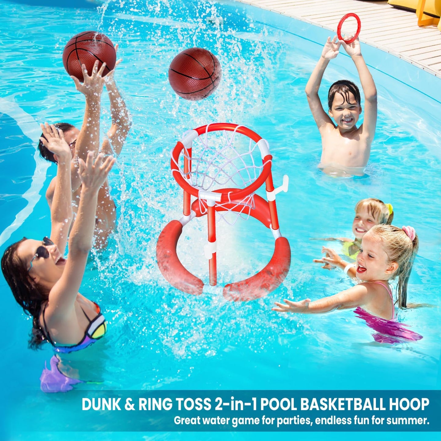 AuroTops Pool Basketball Hoop,2-in-1 Floating Basketball Hoop for Pool Games & Ring Toss Games for Kids,Summer Pool Toys,Family