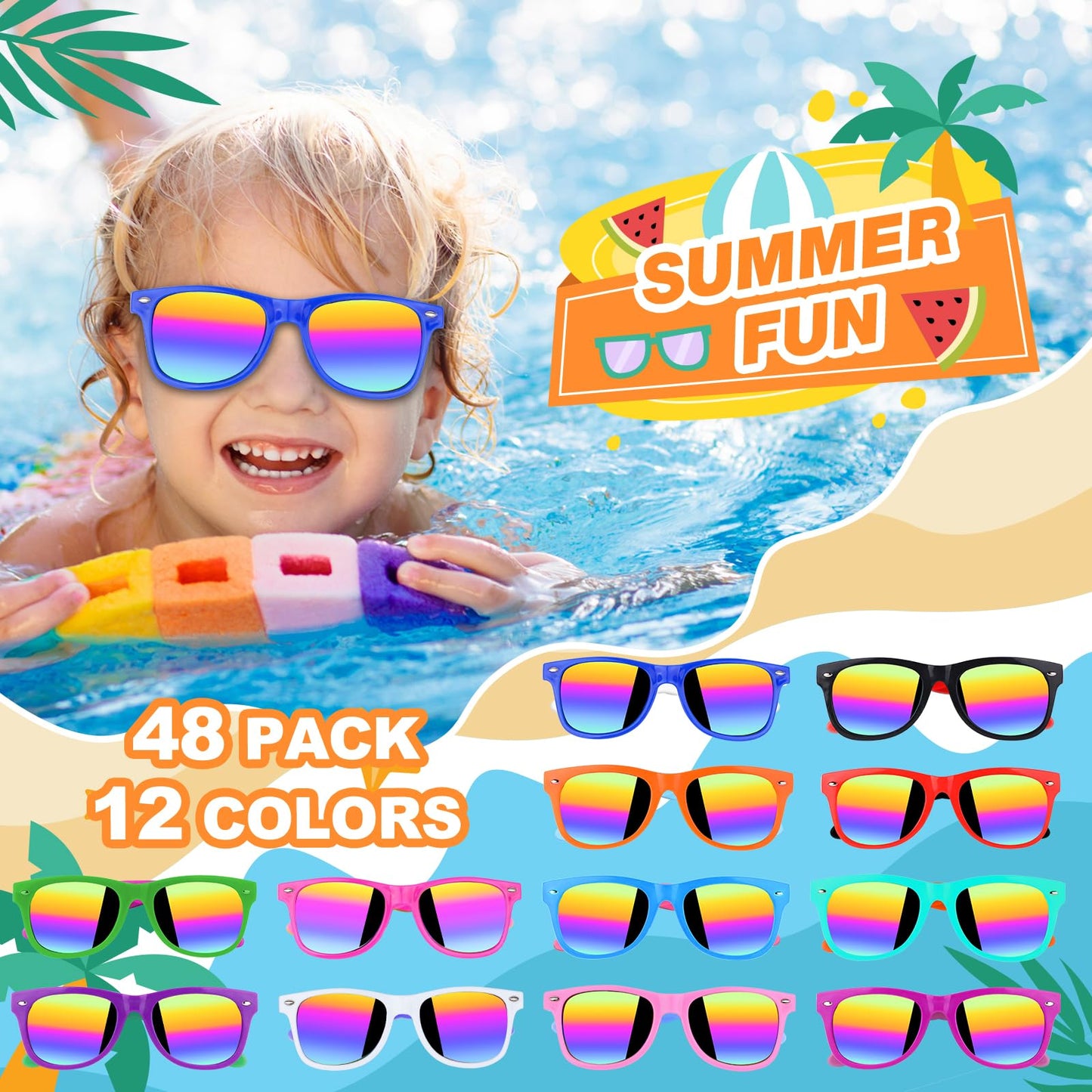 Gifts2U Kids Sunglasses Bulk Party Favors for Kids Ages 3-8, 48 Pack Rainbow Neon Sunglasses for Boys Girls with UV400 Protectio