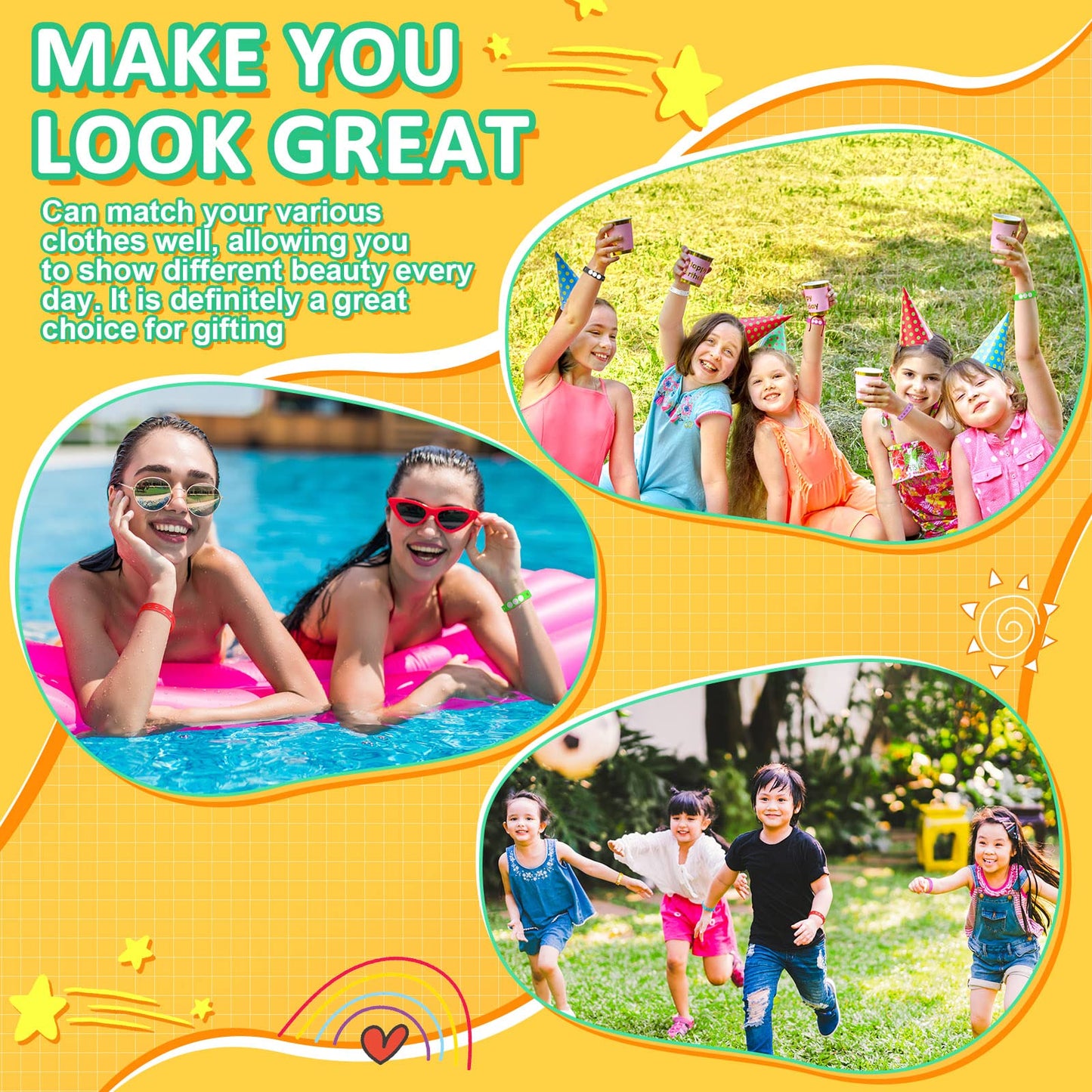 BBTO 100 Pcs 10 Colors Silicone Bracelets 8.3 Inch Adjustable Rubber Bracelets Bulk Cute Wristbands with Holes for Shoe Party Bi