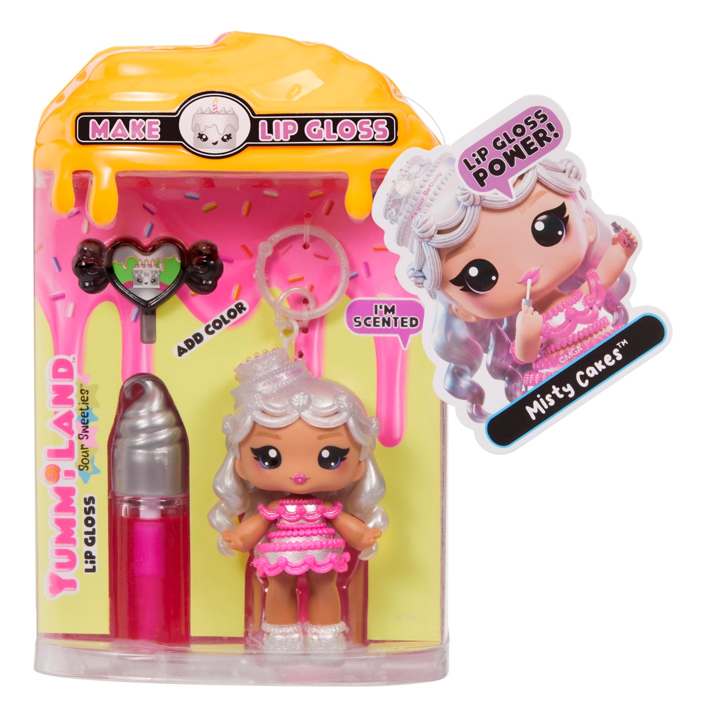 Yummiland Lip Gloss Doll: Sour Sweeties - Misty Cakes Includes DIY Lip Gloss + Removable Keychain, Cosmetic Play, Collectible, A