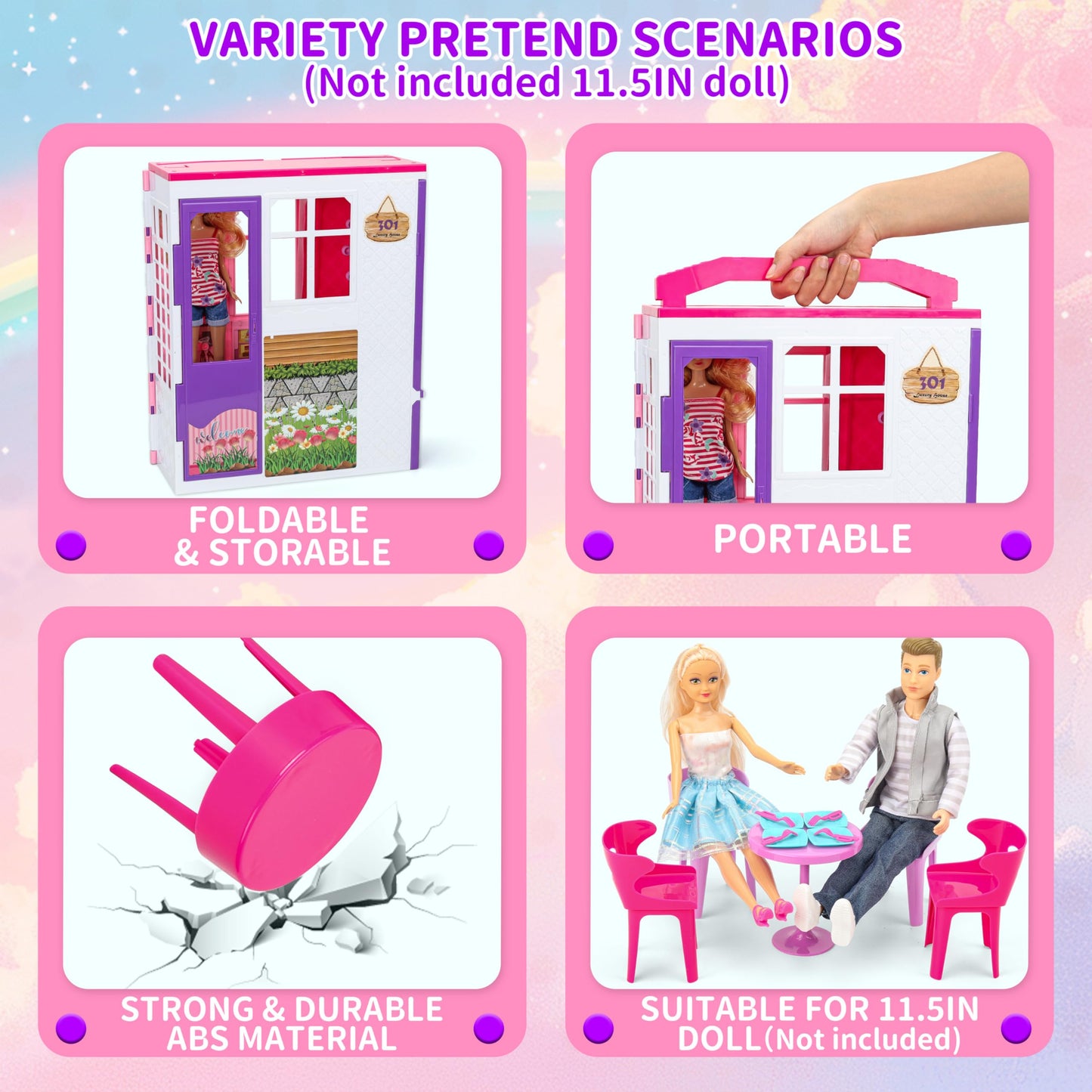 Style Shine Doll House Portable & Foldable Dollhouse W/ 60+ Pcs & 2 Dolls, Play House Toy With Bedroom Kitchen Furniture Camping