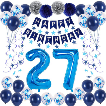 Naninuneno 27Th Blue Birthday Party Decorations For Boy Girl Men Women, Happy 27 Birthday Balloons Supplies With Happy Birthday
