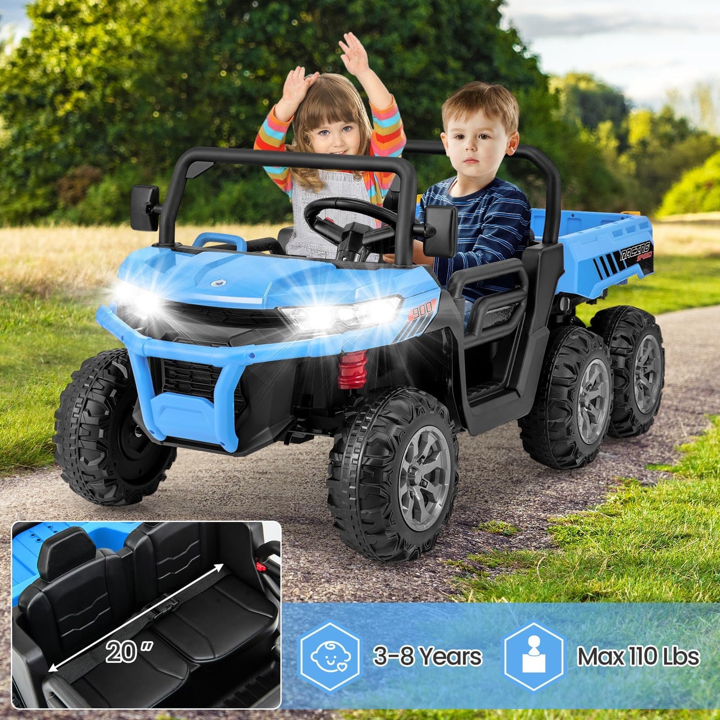 OLAKIDS 24V 2 Seater Ride on Dump Truck, 4WD 6x6 Battery Powered Kids UTV with Remote Control, 4 x 90w Engine, Electric Dump Bed