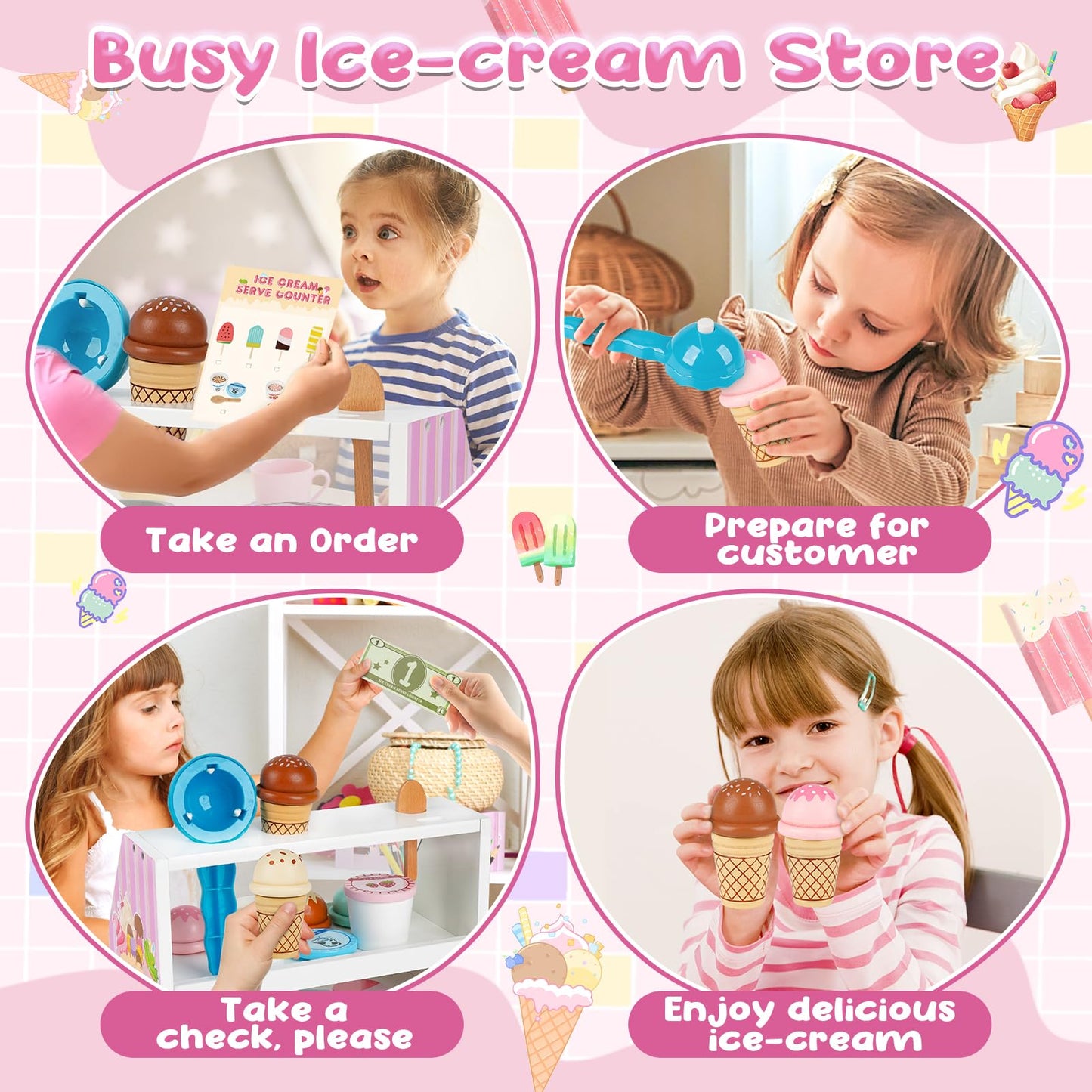 Dreamon Ice Cream Counter Playset for Kids, 38 PCS Wooden Ice Cream Set Shop for Toddlers 3-5, Toddler Pretend Play Toy, Christm