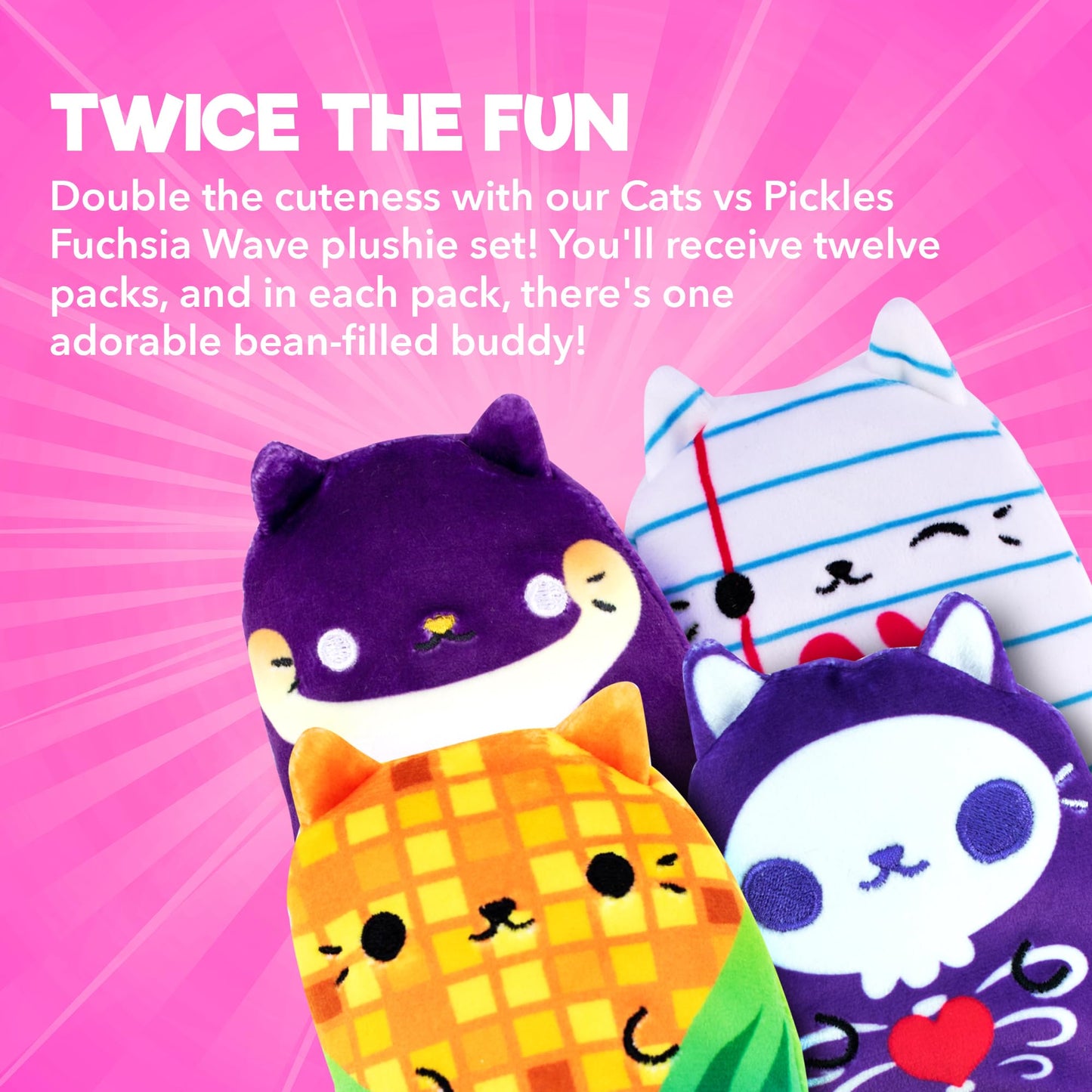 Cats Vs Pickles 12Pk Mystery Bags Fuchsia Wave B 4' Bean Filled Plushies | Blind Bags For Girls And Boys | Surprise Bean Collectibles | Sensory Friendly Mystery Bag Toys For Kids & Adults | 12-Pack