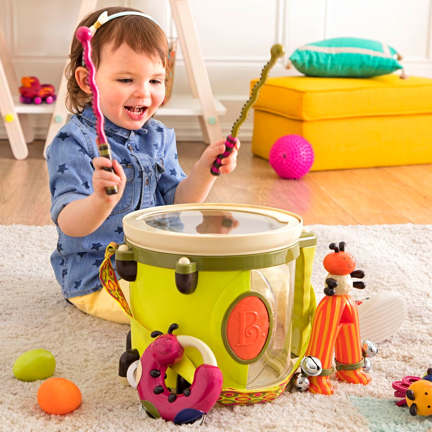 B. Toys – Musical Instruments For Kids – Portable Drum Set – Percussion Toys For Toddlers – Jingle Bell, Tambourine, Maraca & More – 18 Months + – Parum Pum Pum