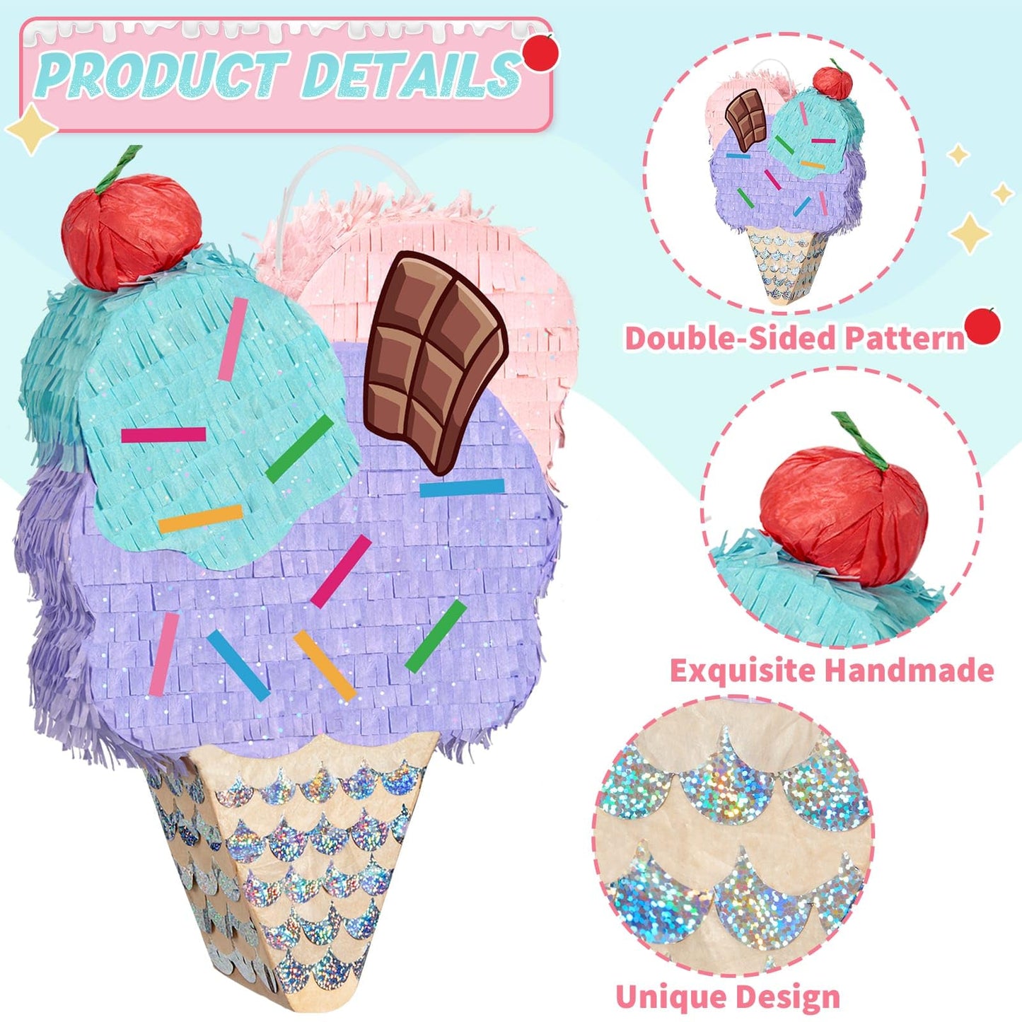 WERNNSAI Ice Cream Piata - Summer Ice Cream Party Decorations for Kids Girls Birthday Pink Pinata Game Candyland Sweet Theme Par