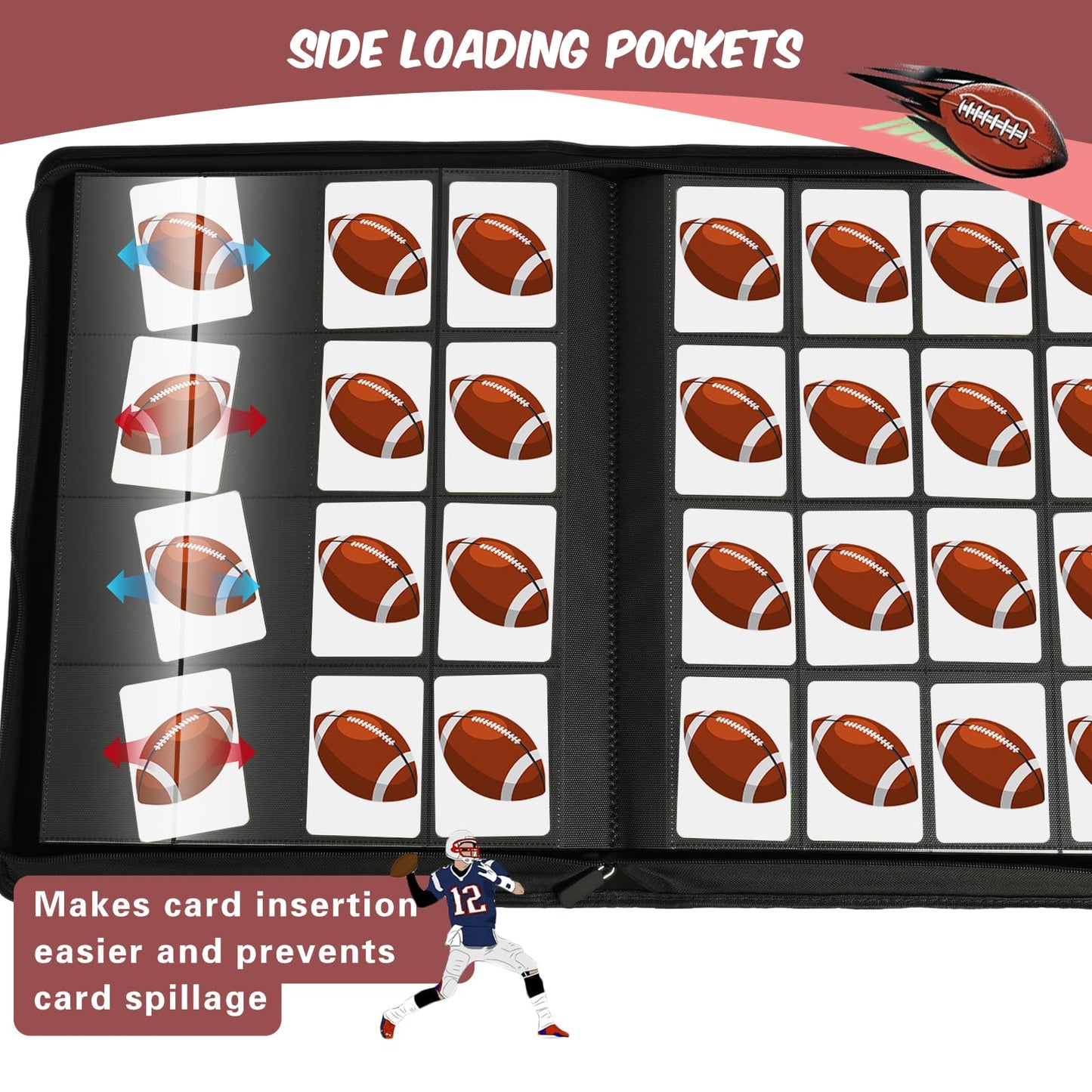 Football Card Binder 16 Pocket enhanced 1000+ Cards PU Cover Trading Sports Card Binder Side Loading Card Holder Collection Album Folders