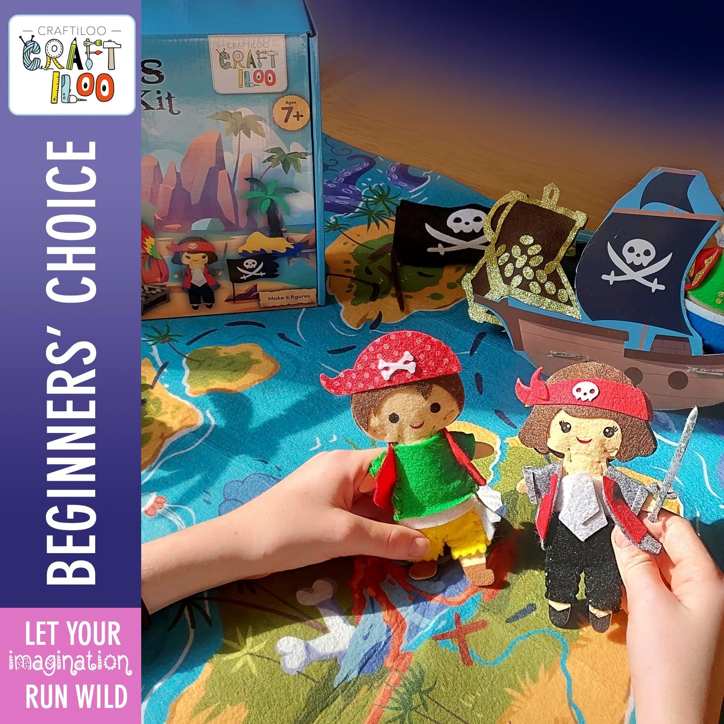 Craftiloo Pirates Pre-Cut Fun Kids Sewing Kit For Kids Ages 8-12 Children Beginners Sewing Kit Kid Crafts Make Your Own Felt Pil