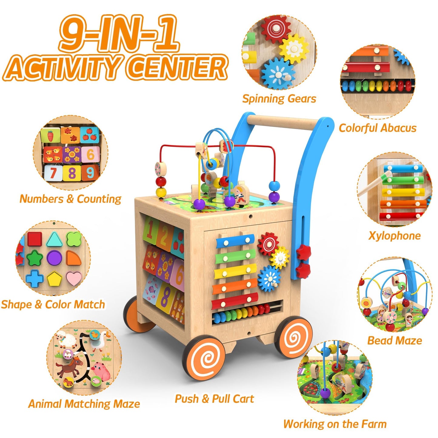 WOODMAM 9-in-1 Wooden Activity Cube & Baby Walker | Adjustable Sit-to-Stand Learning Toy for Toddlers, Boys & Girls, Medium Size