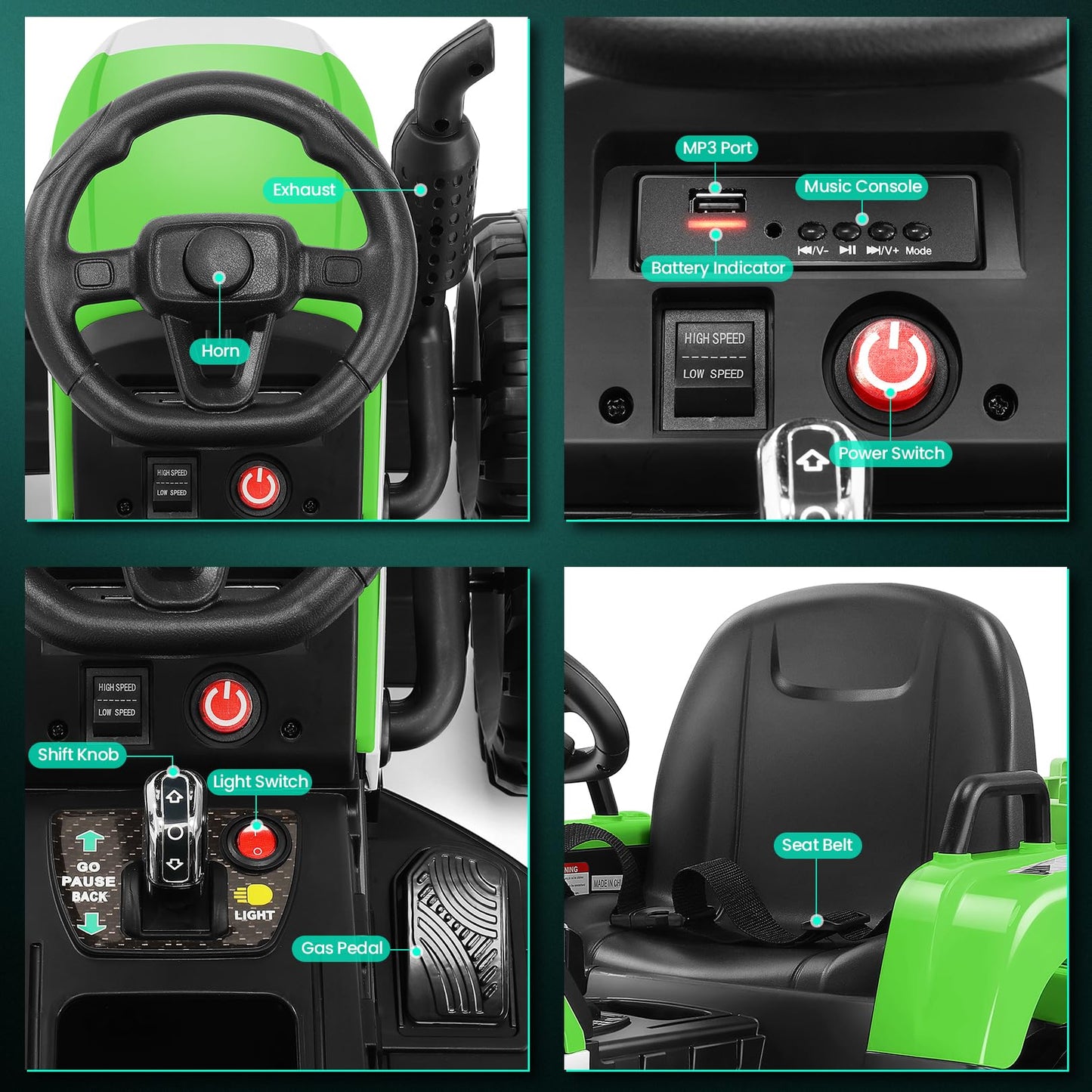 Hikole Kids Ride on Tractor, 12V Electric Tractors with Trailer, Remote Control, 11-LED Headlights, 3-Gear-Shift, 30W Dual Motor